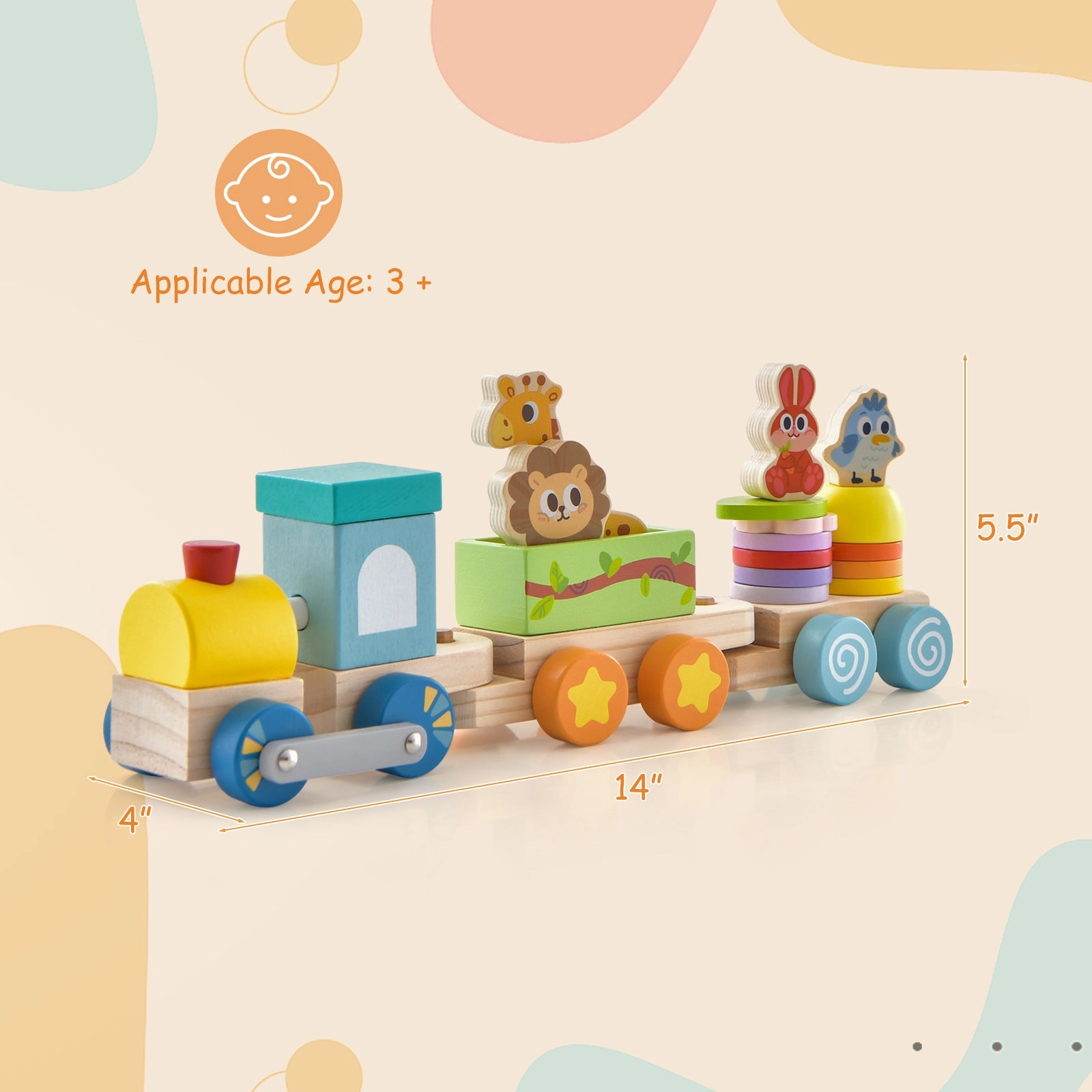 Wooden Stackable Educational Train Set with Colorful Animal Toys and Retractable Locomotive