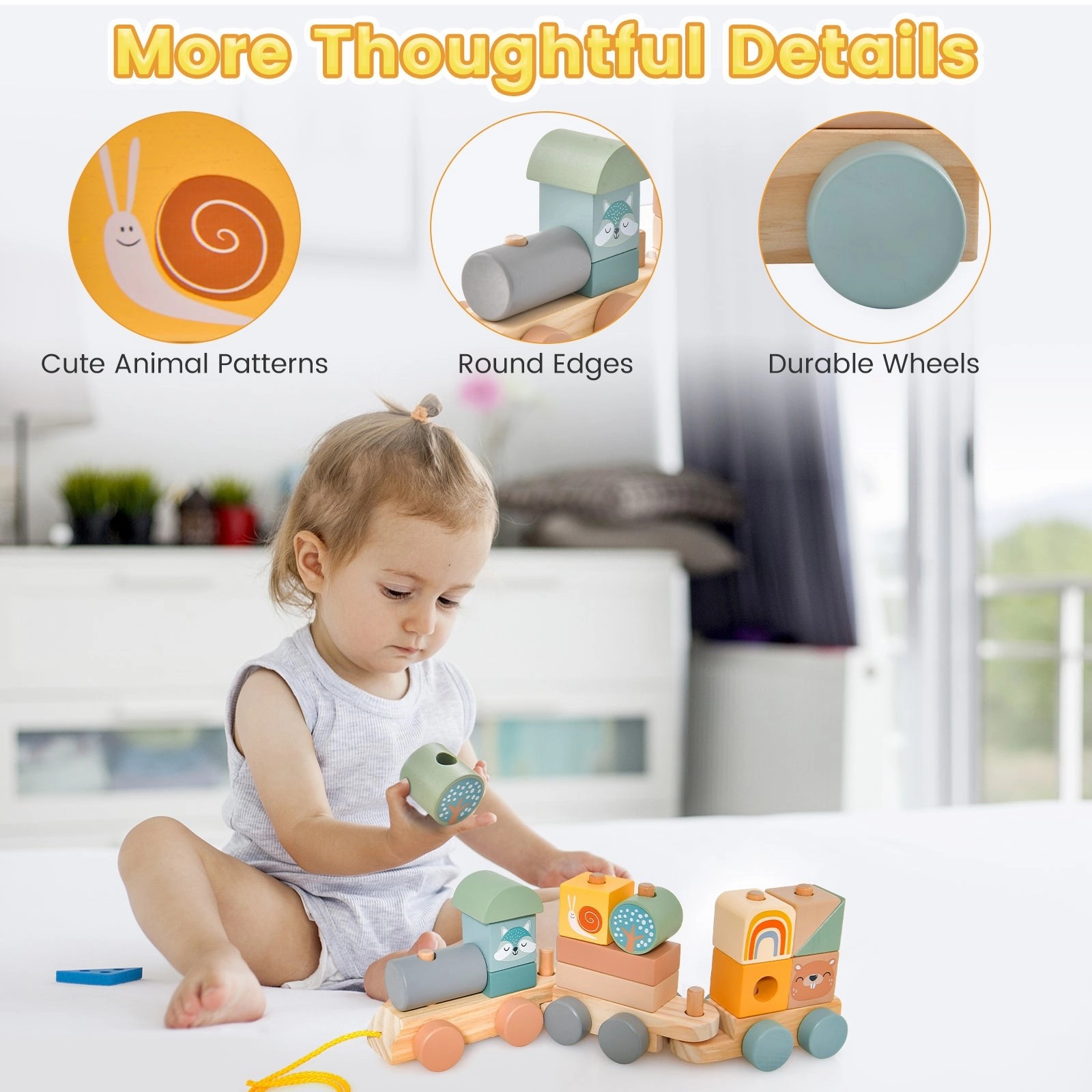 Wooden Toy Train Set with Stacking Wooden Blocks and Cute Animal Patterns