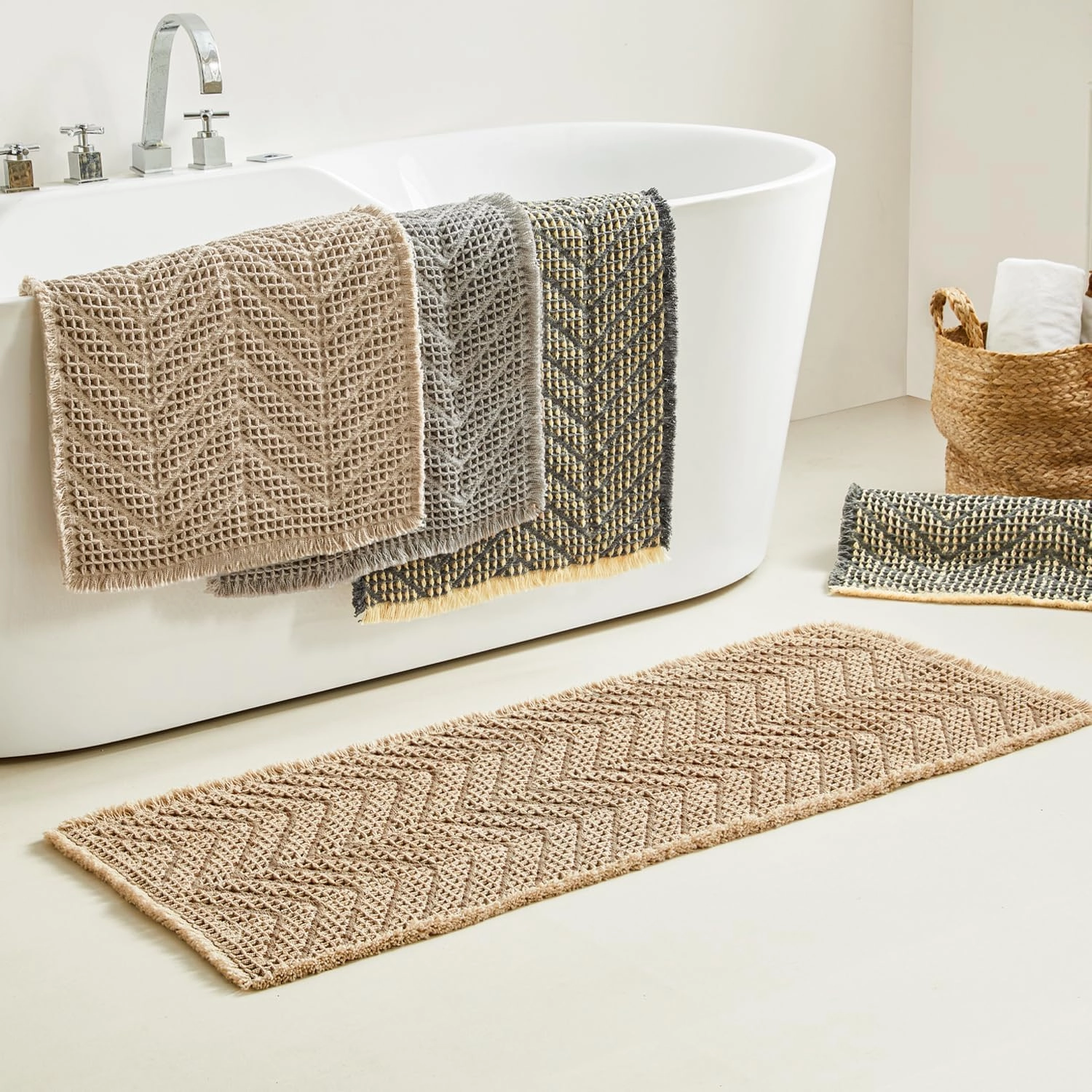 Woven Bath Mat,Upgraded Waffle Self Drying Bathroom Mat,Super Absorbent Non Slip Bathroom Drying Mat,Bathroom Rugs Non Slip Washable for Bathroom Floor,Ultra Soft,Bluish Grey & Yellow,24"*36"