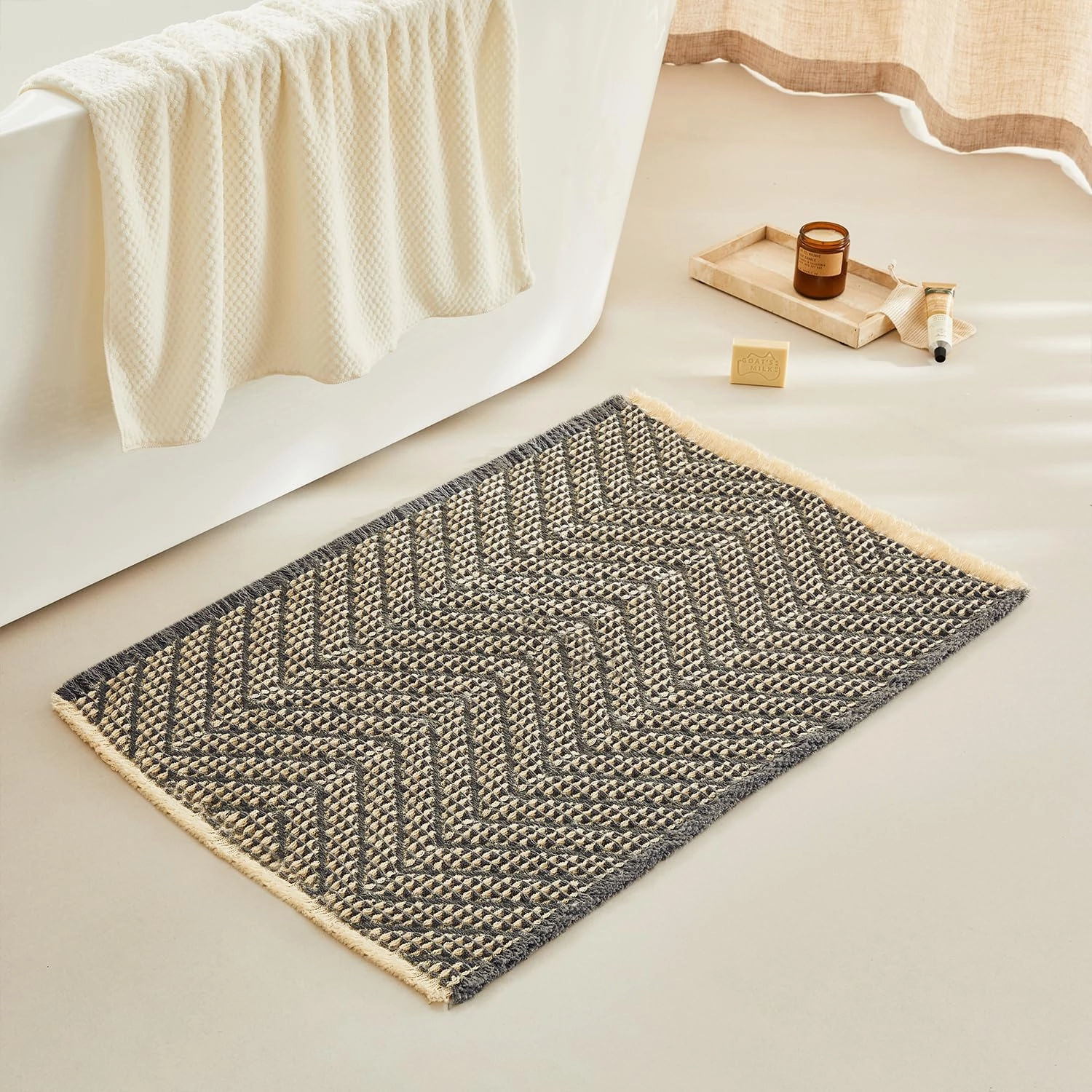 Woven Bath Mat,Upgraded Waffle Self Drying Bathroom Mat,Super Absorbent Non Slip Bathroom Drying Mat,Bathroom Rugs Non Slip Washable for Bathroom Floor,Ultra Soft,Bluish Grey & Yellow,24"*36"