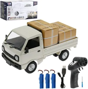 WPL D12 1/16 Rc Kei Truck, 2.4GHz Mini Kei Truck Remote Control Drift Pickup Off Road Vehicle, 130 Motor Rear Drive 20KM/H Cargo Car with Led Light - 3 Battery