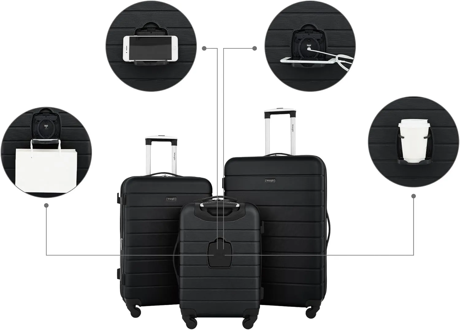 Wrangler Smart Luggage Cup Holder and USB Port, Black, 3 Piece Set