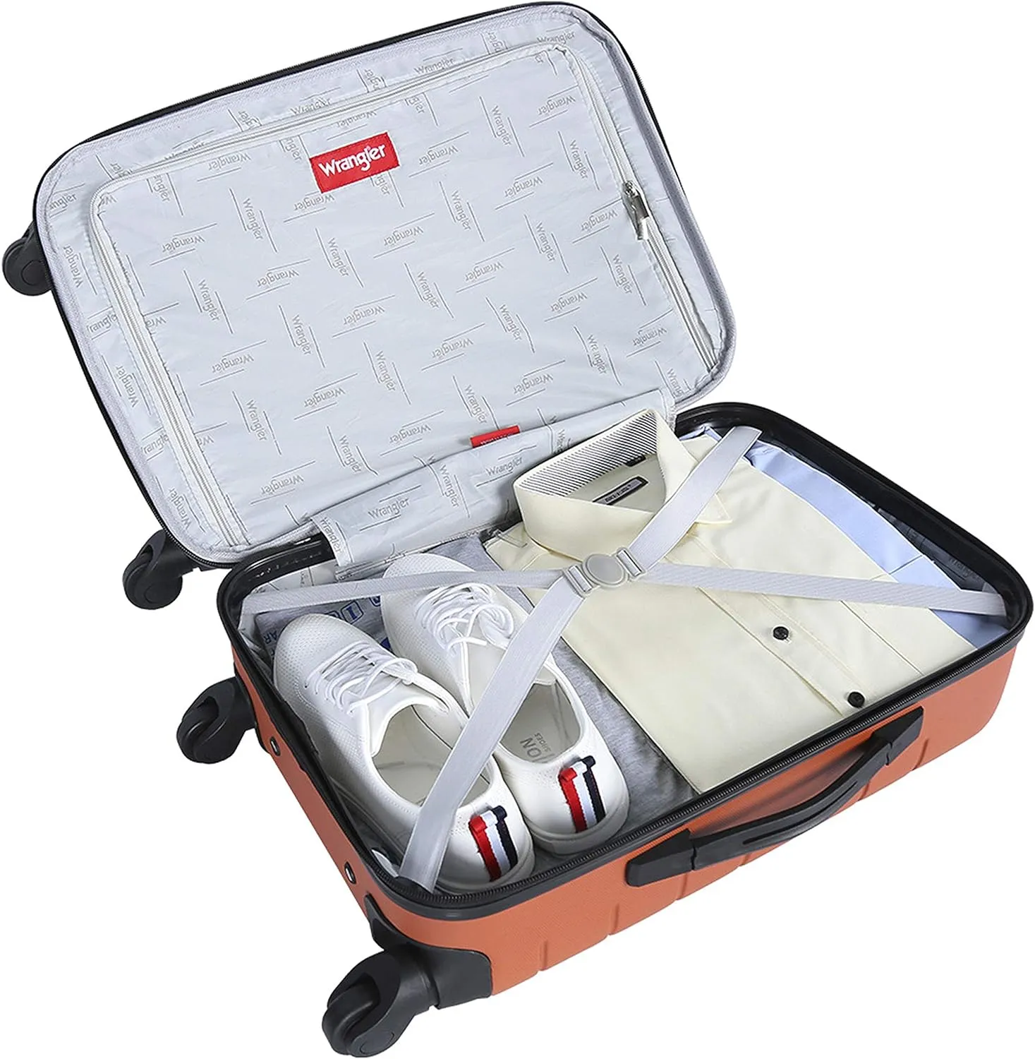 Wrangler Smart Luggage Set with Cup Holder and USB Port, Burnt Orange, 20-Inch Carry-On