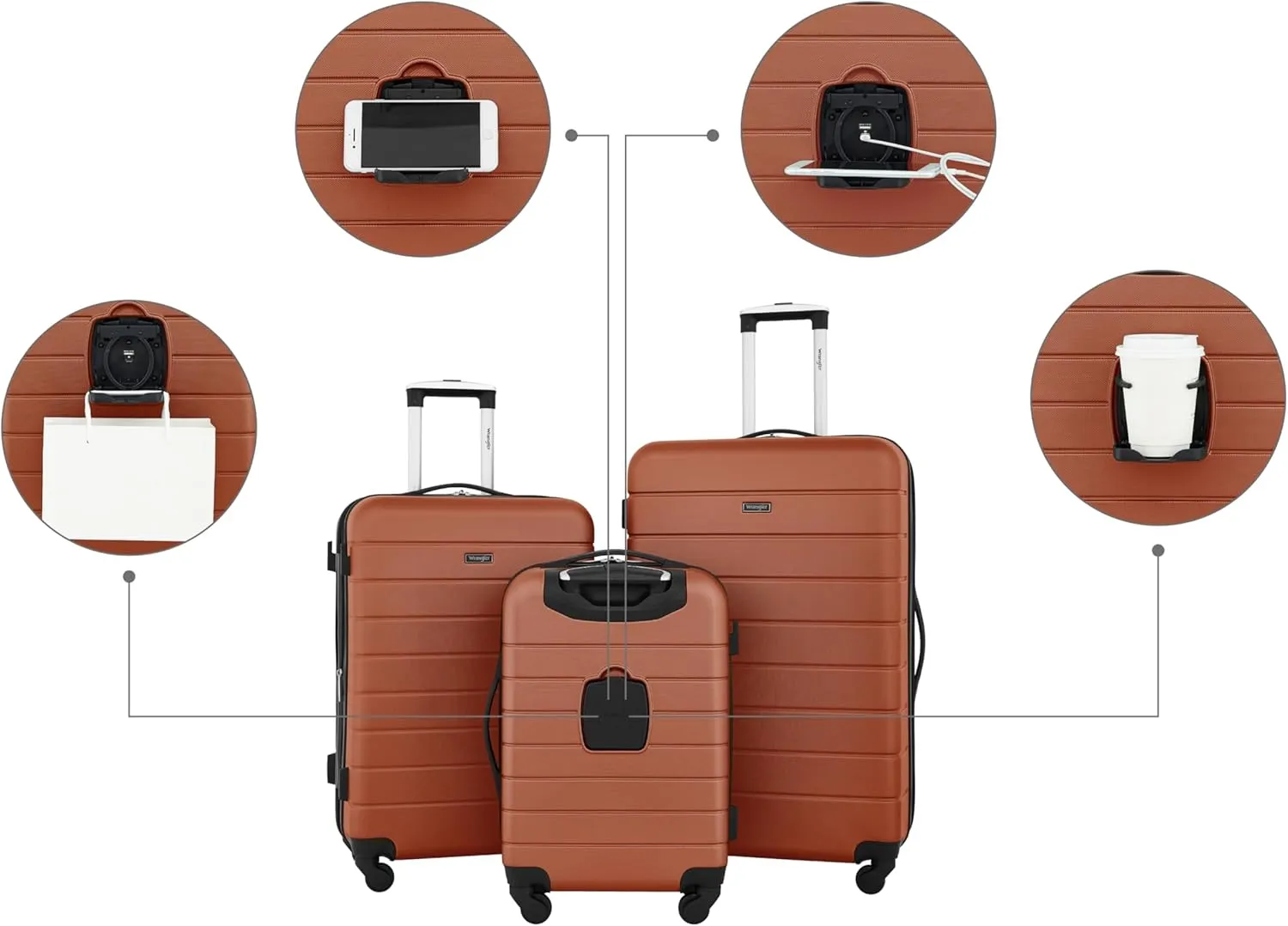 Wrangler Smart Luggage Set with Cup Holder and USB Port, Burnt Orange, 20-Inch Carry-On