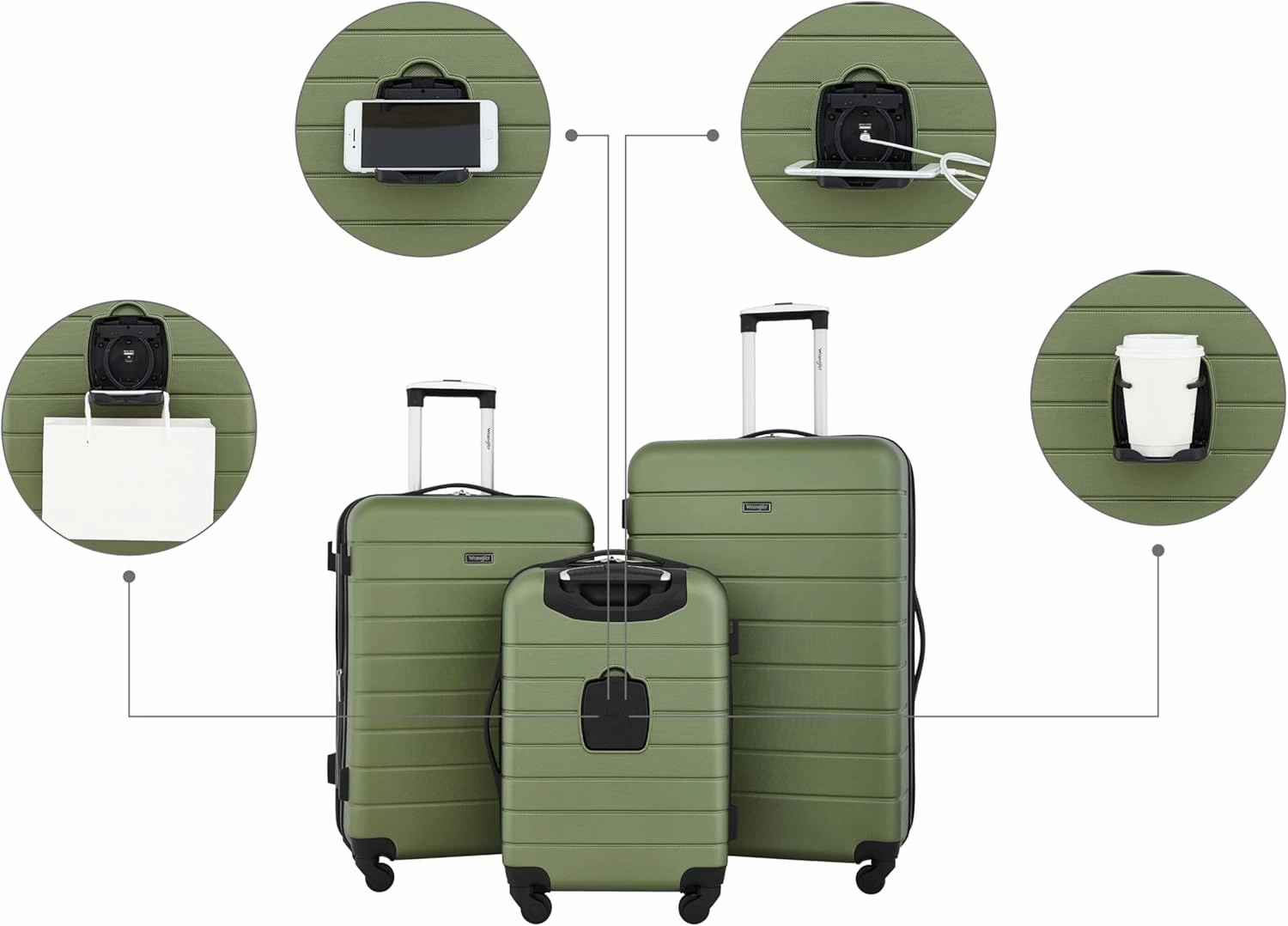 Wrangler Smart Luggage Cup Holder and USB Port, Olive Green, 3 Piece Set