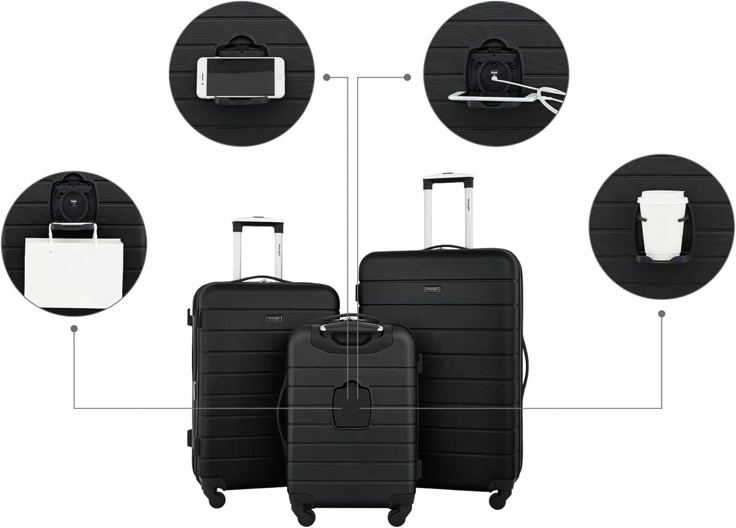 Wrangler Smart Luggage Set with Cup Holder and USB Port, Black, 20-Inch Carry-On