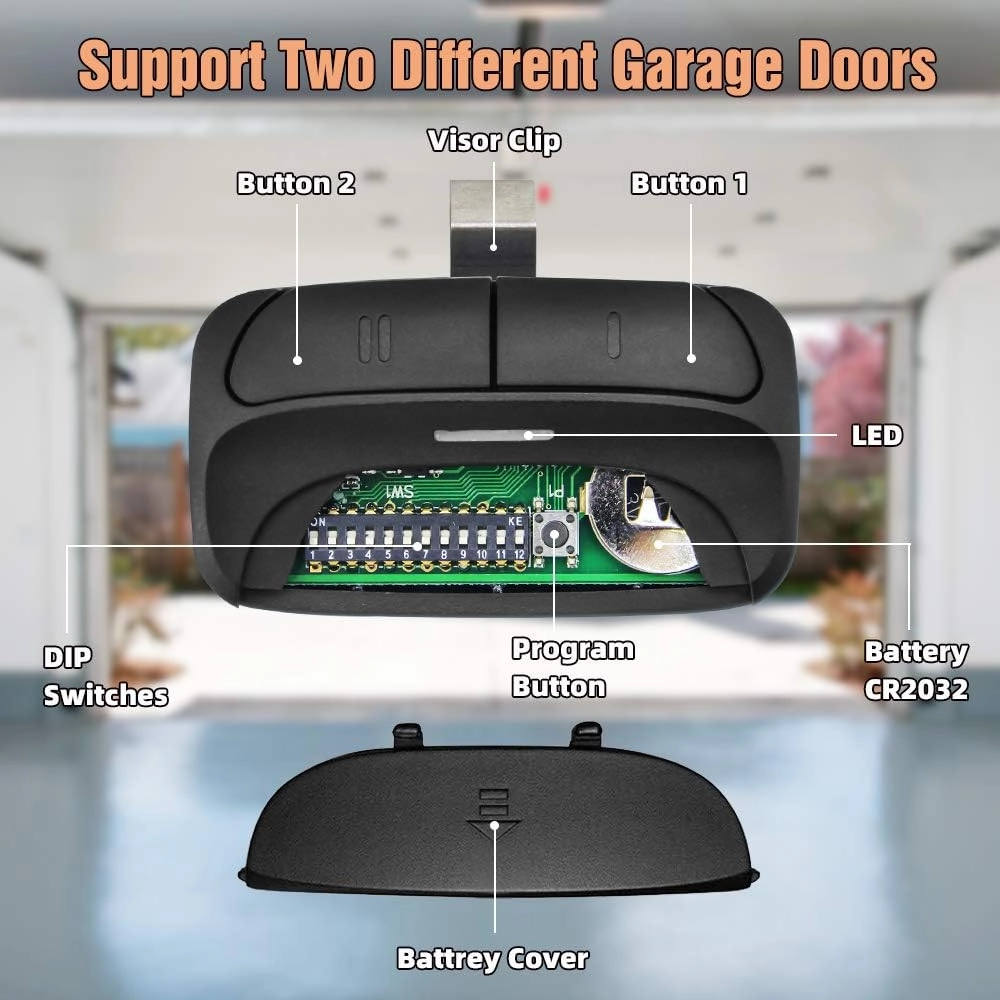 X X-HOUSE Universal Garage Door Remote for Liftmaster Chamberlain Linear Craftsman Genie Opener 300/310/315/318/390Mhz,Support Purple/Yellow/Green/Red/Orange Learn Button and DIP Switch,2 Pack