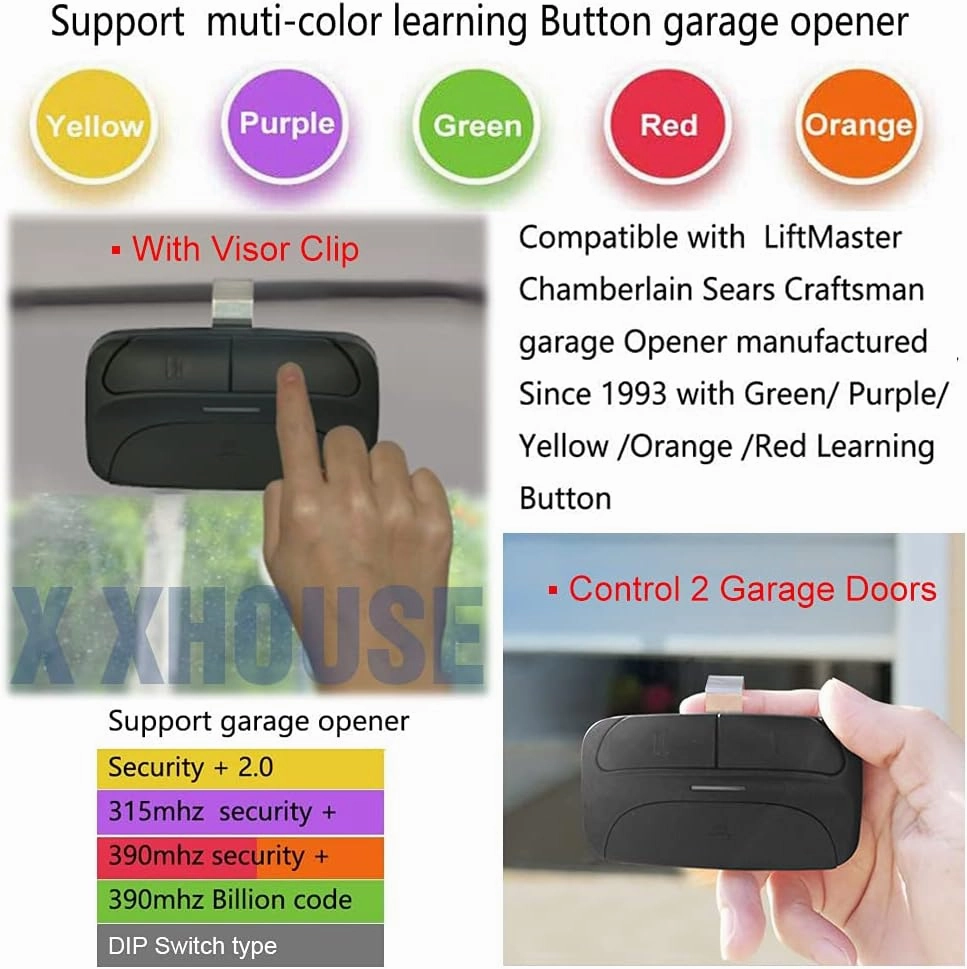 X X-HOUSE Universal Garage Door Remote for Liftmaster Chamberlain Linear Craftsman Genie Opener 300/310/315/318/390Mhz,Support Purple/Yellow/Green/Red/Orange Learn Button and DIP Switch,2 Pack