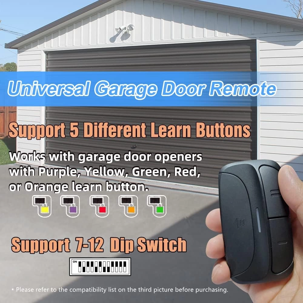 X X-HOUSE Universal Garage Door Remote for Liftmaster Chamberlain Linear Craftsman Genie Opener 300/310/315/318/390Mhz,Support Purple/Yellow/Green/Red/Orange Learn Button and DIP Switch,2 Pack