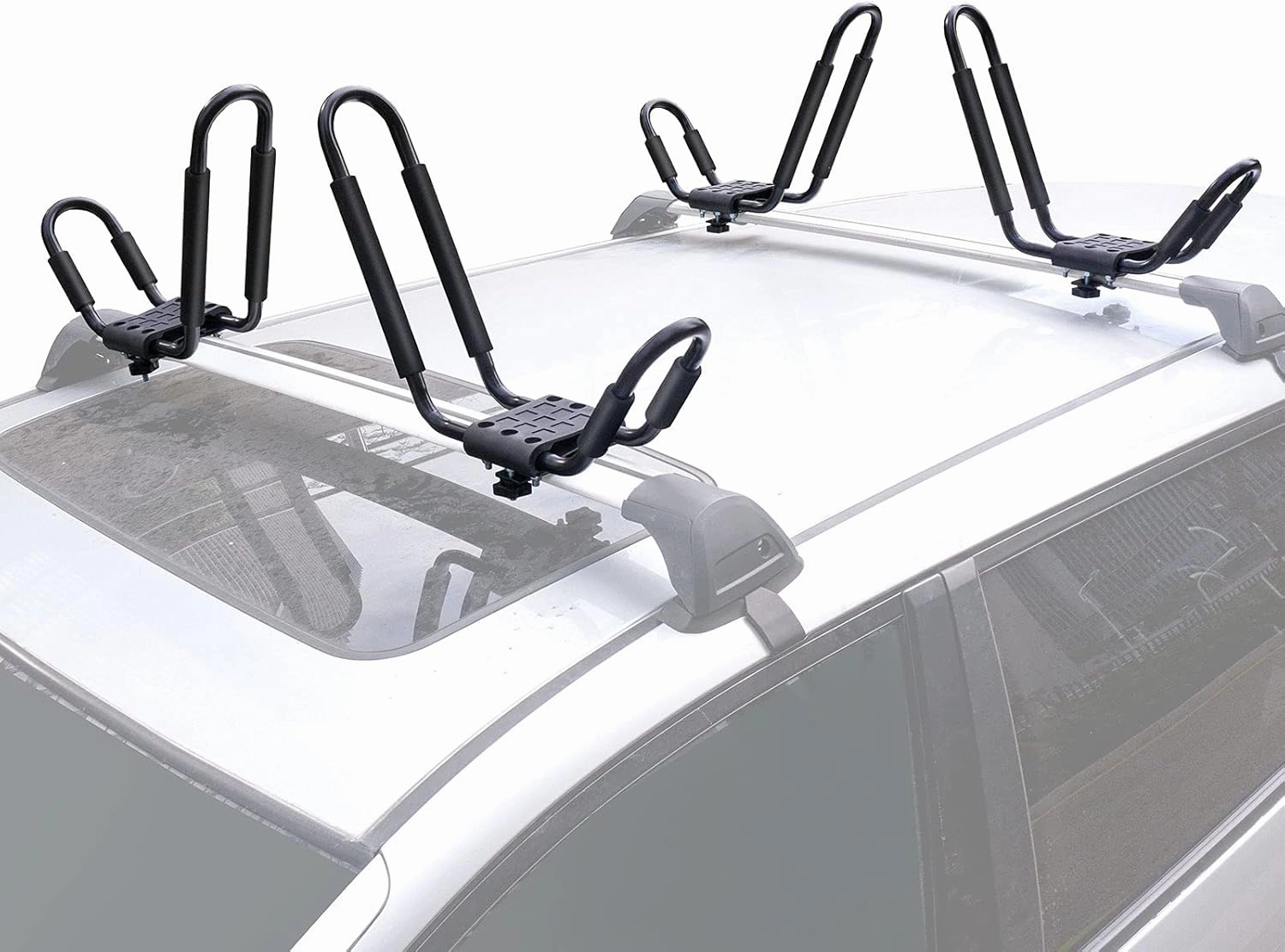 XCAR Universal 2 Pairs Kayak Roof Rack for Surfboard Paddleboard Canoe SUP Boat Skiboard- Rooftop J Bars Carriers Holders for Vehicle Car SUV - Roof Top Mount Kayaks Carrier with 4pcs Straps
