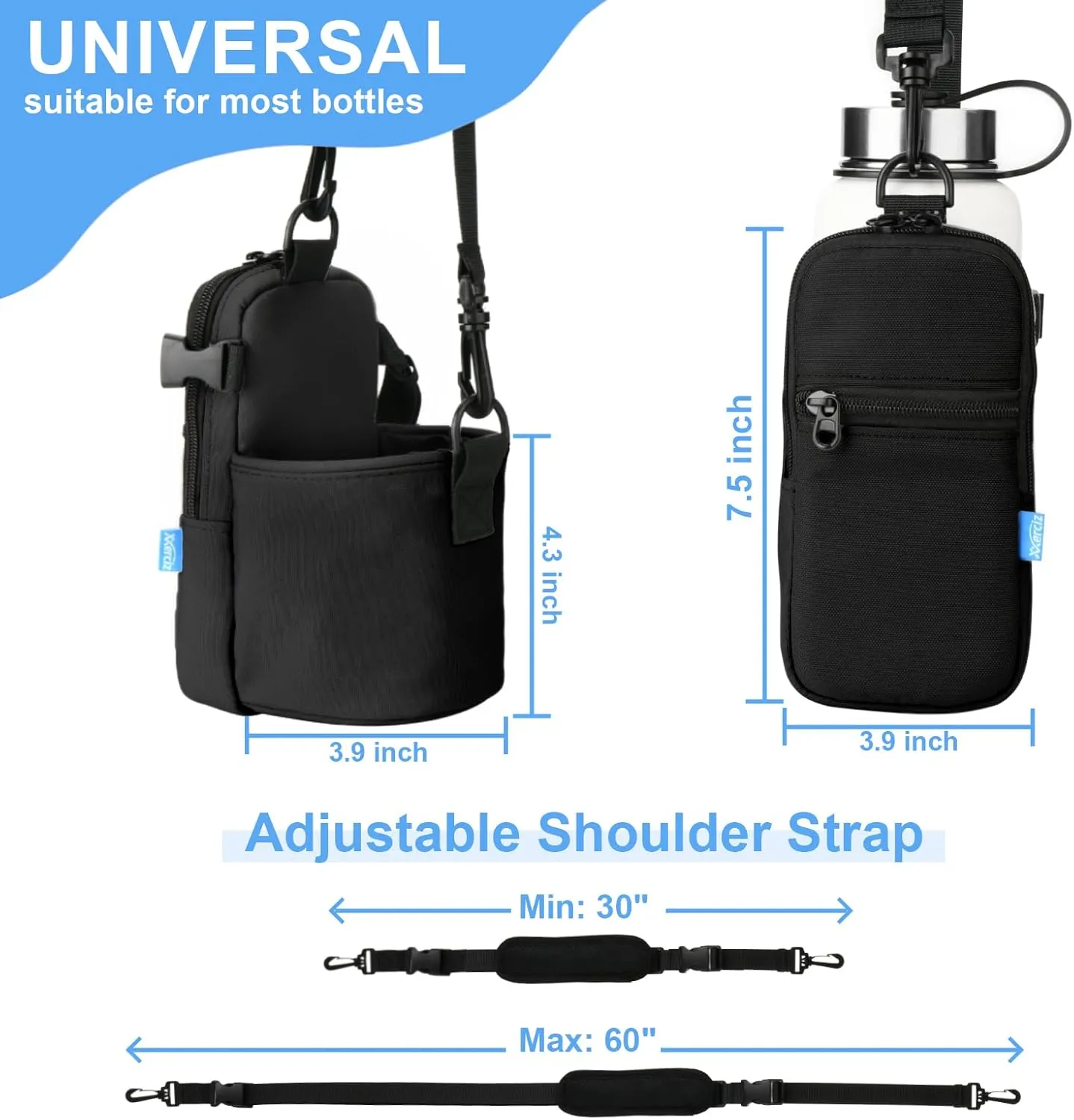 Xxerciz Water Bottle Carrier Bag with Phone Pocket Crossbody Sports Water Bottle Sling Pouch Holder with Adjustable Shoulder Strap, Universal Water Bottle Accessories for Walking Hiking