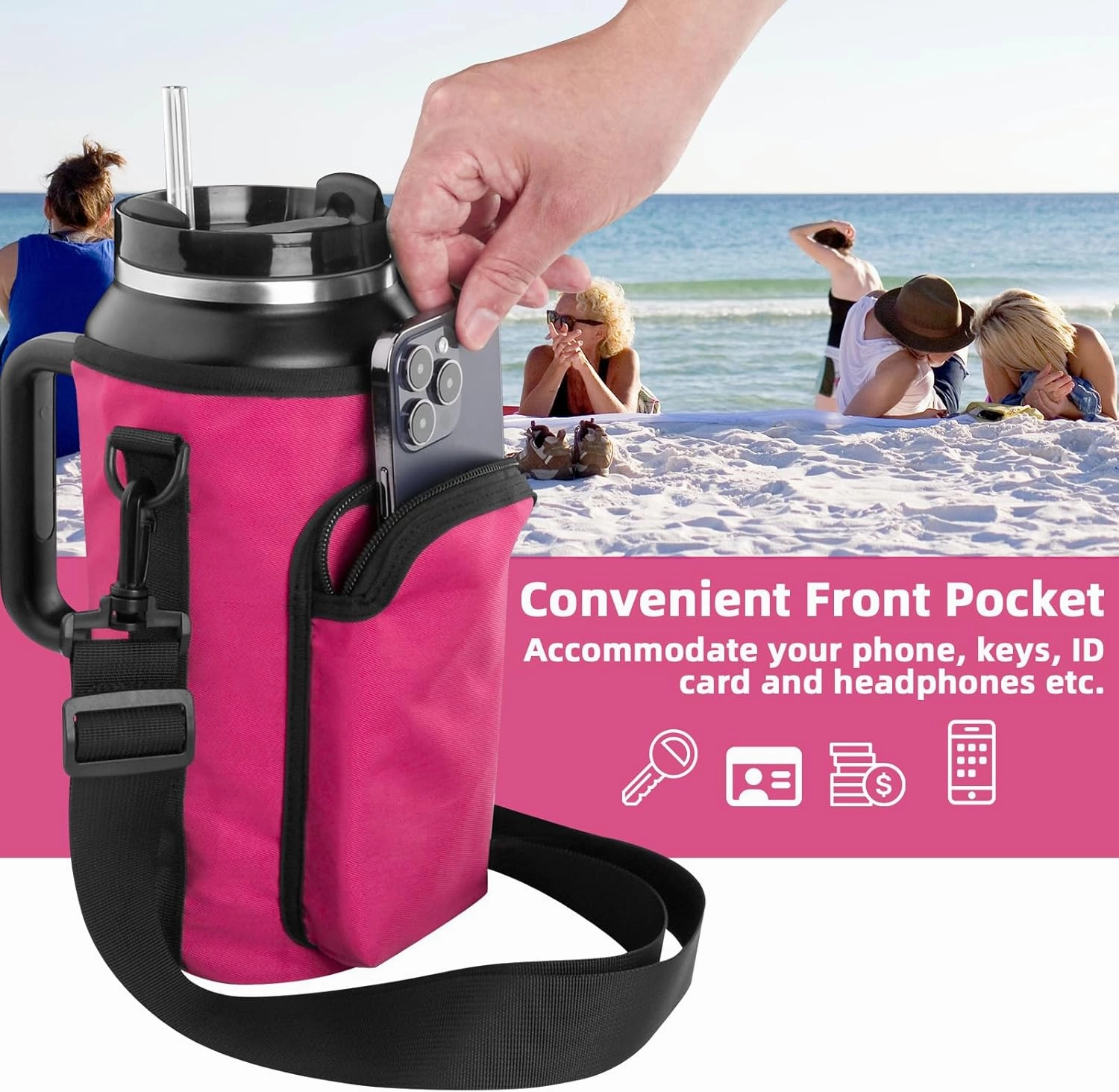 Xxerciz Water Bottle Carrier Bag with Phone Pocket for Stanley 30/40/64oz Tumbler with Handle, Nylon Water Bottle Holder Pouch with Adjustable Strap, Bottle Sling Sleeve for Stanley Cup Accessories