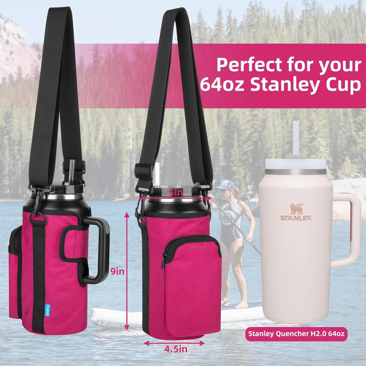 Xxerciz Water Bottle Carrier Bag with Phone Pocket for Stanley 30/40/64oz Tumbler with Handle, Nylon Water Bottle Holder Pouch with Adjustable Strap, Bottle Sling Sleeve for Stanley Cup Accessories