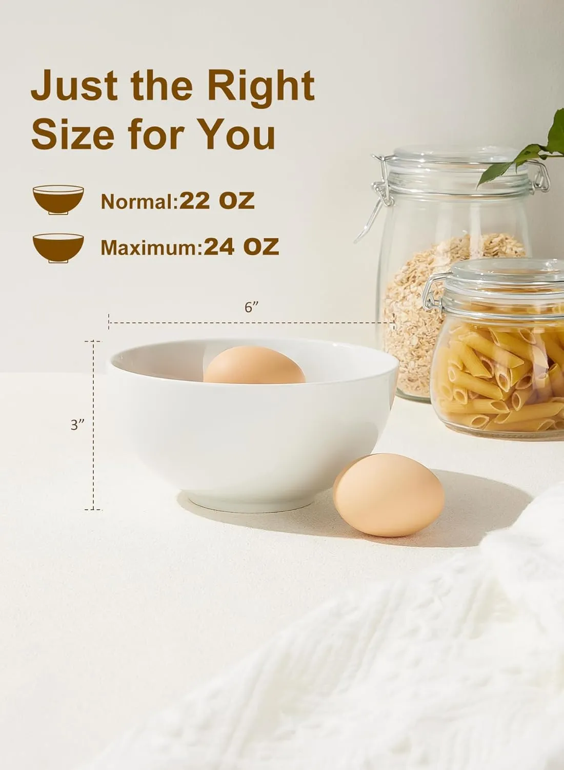 Yedio 22 oz Ceramic Cereal Bowls, 6“ White Porcelain Bowls Set for Soup Oatmeal Rice Fruits, Set of 4, Microwave Dishwasher Safe，Stackable