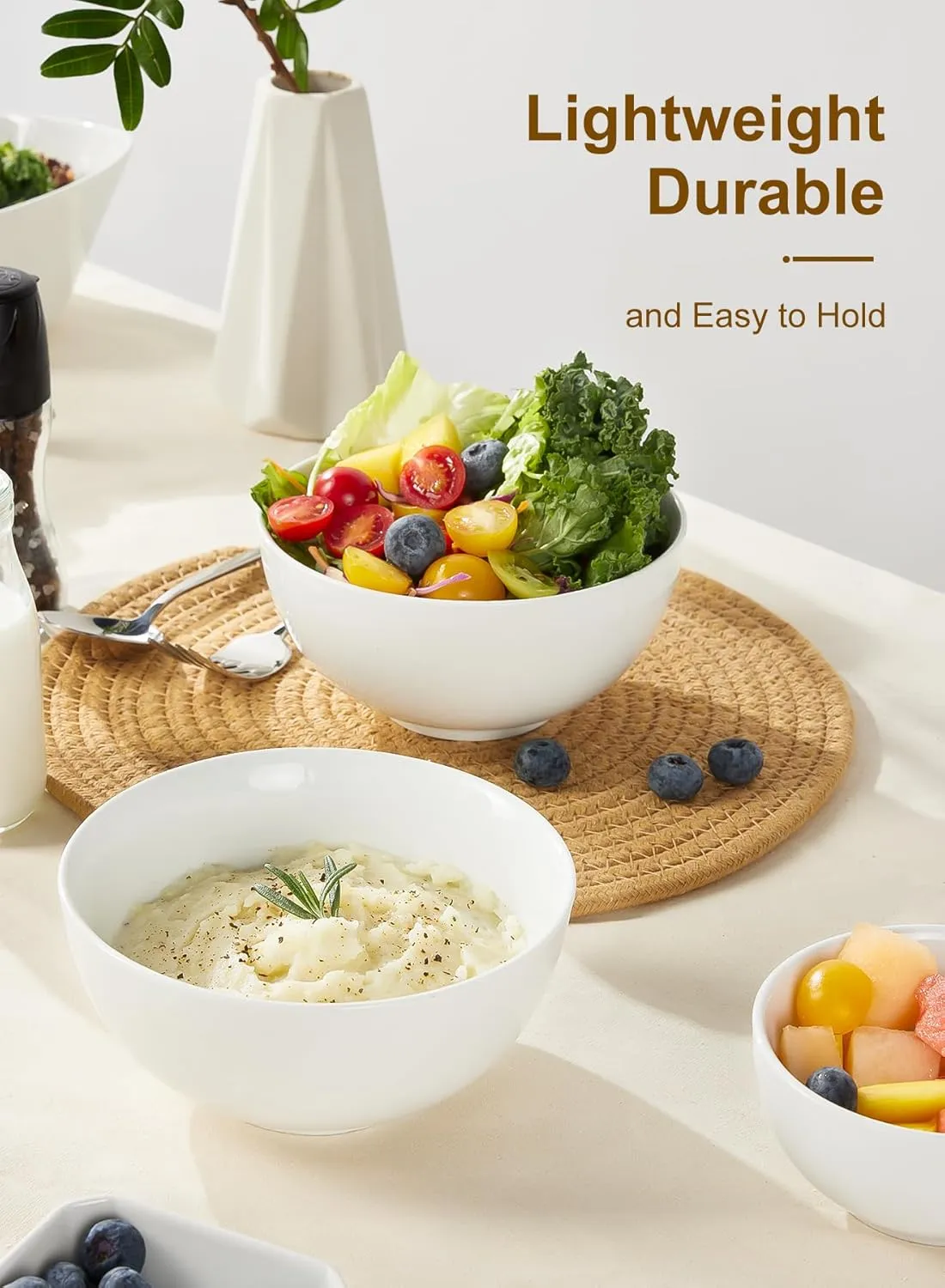 Yedio 22 oz Ceramic Cereal Bowls, 6“ White Porcelain Bowls Set for Soup Oatmeal Rice Fruits, Set of 4, Microwave Dishwasher Safe，Stackable