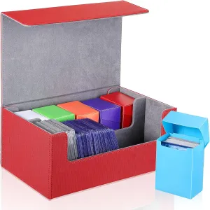 Yexiya 7 Pcs Deck Card Boxes, 1 Leather Deck Storage Case with 6 Plastic Trading Card Storage Box for Playing Mtg Tcg(Red, Gray)