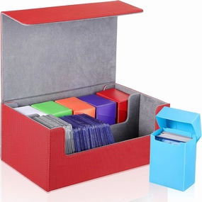 Yexiya 7 Pcs Deck Card Boxes, 1 Leather Deck Storage Case with 6 Plastic Trading Card Storage Box for Playing Mtg Tcg(Red, Gray)
