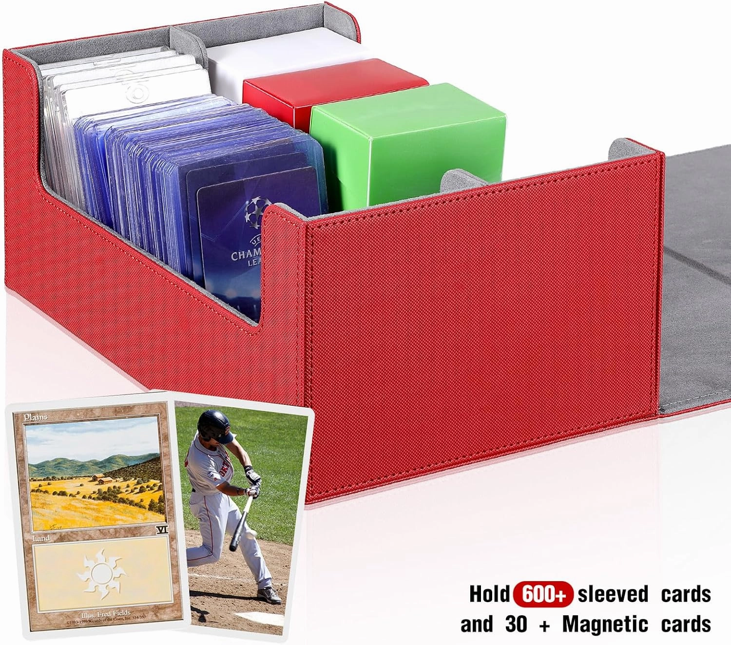 Yexiya 7 Pcs Deck Card Boxes, 1 Leather Deck Storage Case with 6 Plastic Trading Card Storage Box for Playing Mtg Tcg(Red, Gray)