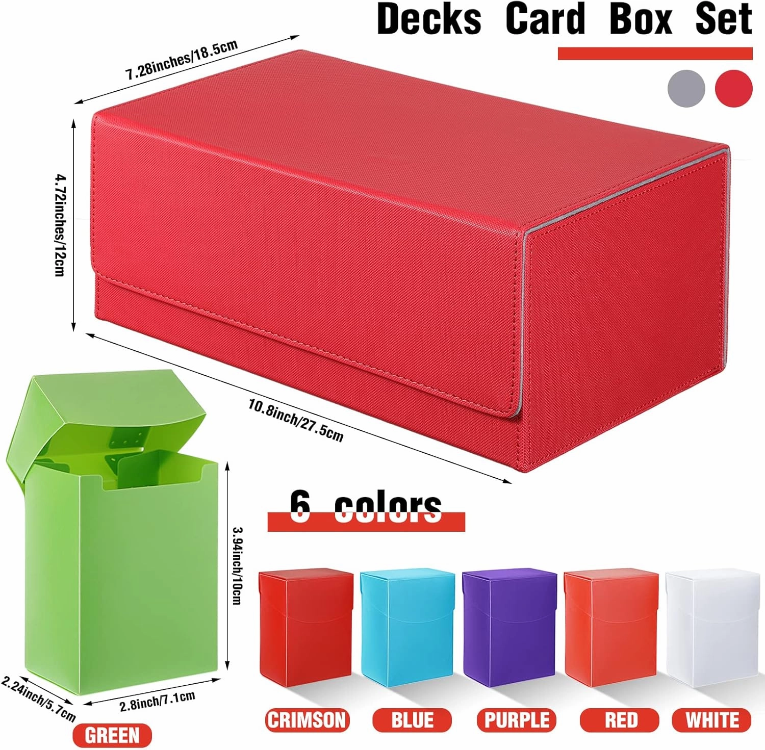 Yexiya 7 Pcs Deck Card Boxes, 1 Leather Deck Storage Case with 6 Plastic Trading Card Storage Box for Playing Mtg Tcg(Red, Gray)