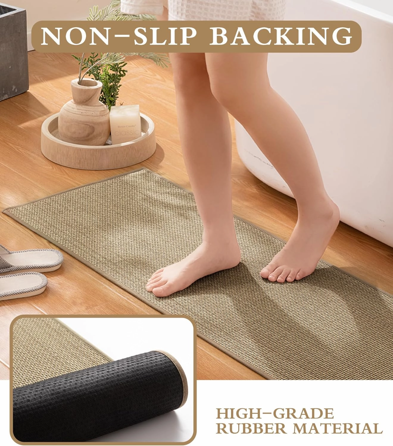 YIHOUSE Bathroom Rugs Sets 3 Pieces, Beige Ultra Thin Bath Mats Fit Under Door, Absorbent Quickly Dry Rubber Backing Braided Bath Mat Set, Non Slip Washable Bath Rugs for Bathroom Floor, Beige