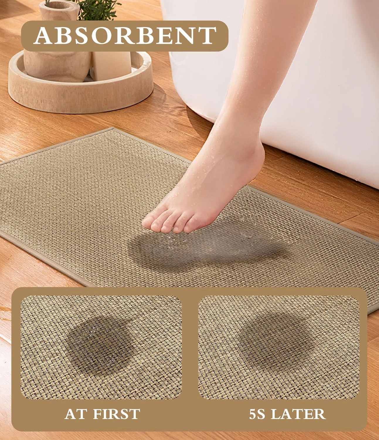 YIHOUSE Bathroom Rugs Sets 3 Pieces, Beige Ultra Thin Bath Mats Fit Under Door, Absorbent Quickly Dry Rubber Backing Braided Bath Mat Set, Non Slip Washable Bath Rugs for Bathroom Floor, Beige