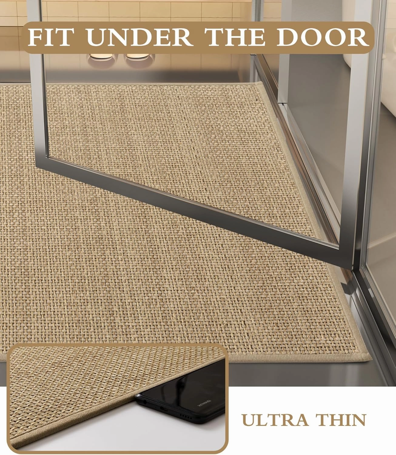 YIHOUSE Bathroom Rugs Sets 3 Pieces, Beige Ultra Thin Bath Mats Fit Under Door, Absorbent Quickly Dry Rubber Backing Braided Bath Mat Set, Non Slip Washable Bath Rugs for Bathroom Floor, Beige