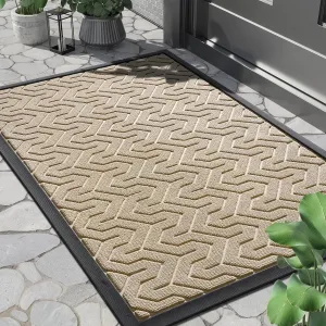 Yimobra Front Door Mat Outside Entrance, 29.5x17 Waterproof Outdoor Indoor Welcome Mats, Heavy Duty Doormat, Low Profile, Non Slip Garge Porch Entryway Mat, Easy Clean, Ligth Beige