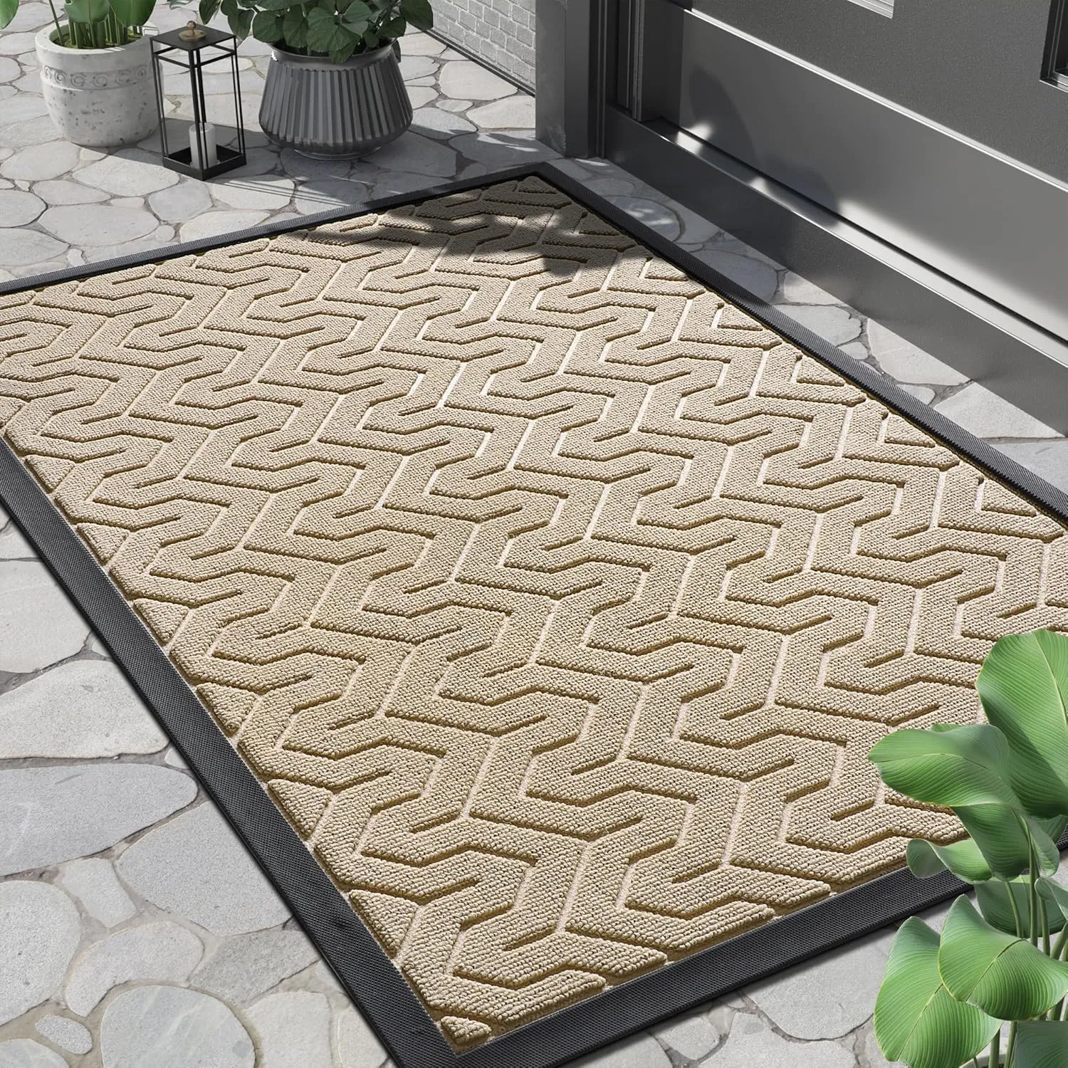 Yimobra Front Door Mat Outside Entrance, 29.5x17 Waterproof Outdoor Indoor Welcome Mats, Heavy Duty Doormat, Low Profile, Non Slip Garge Porch Entryway Mat, Easy Clean, Ligth Beige