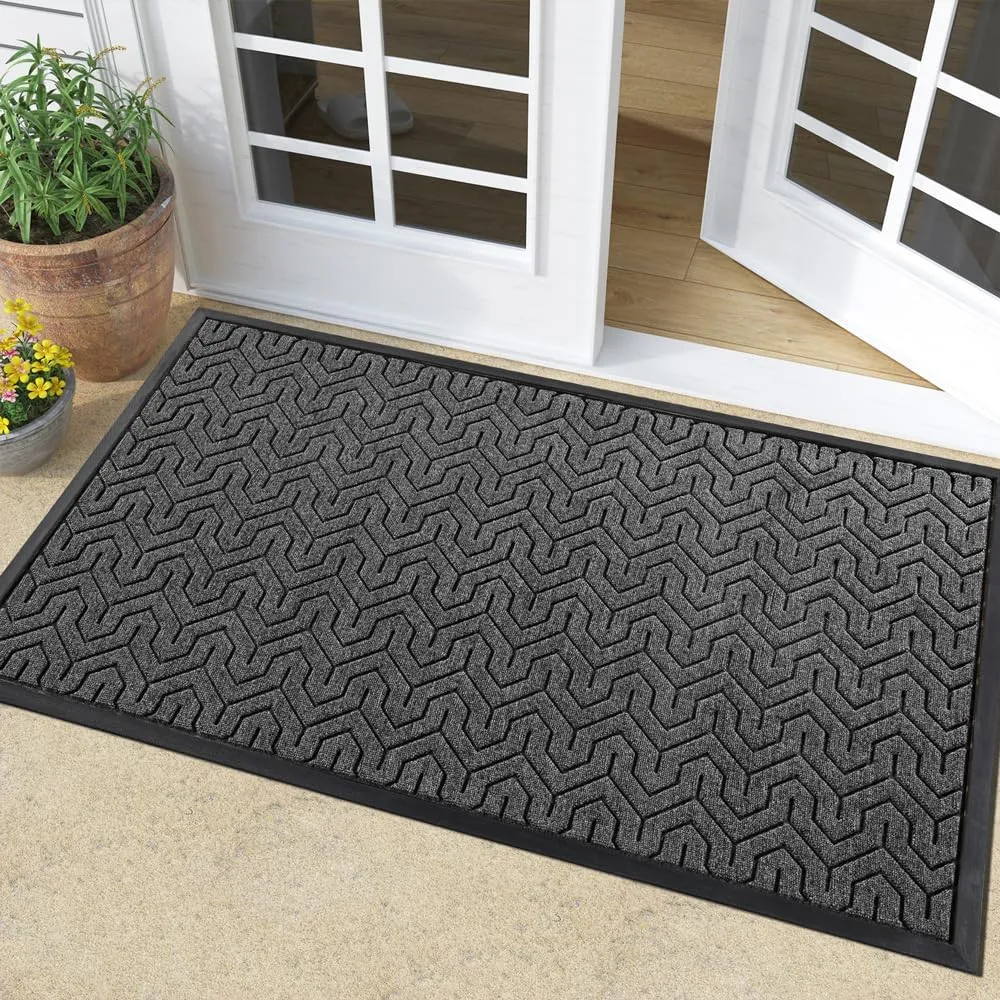 Yimobra Front Door Mat, Waterproof Indoor Outdoor Welcome Mats for Entrance, Heavy Duty Non-Slip Rubber Backing, Garage or Patio Entry Floor, 36x24, Black Grey