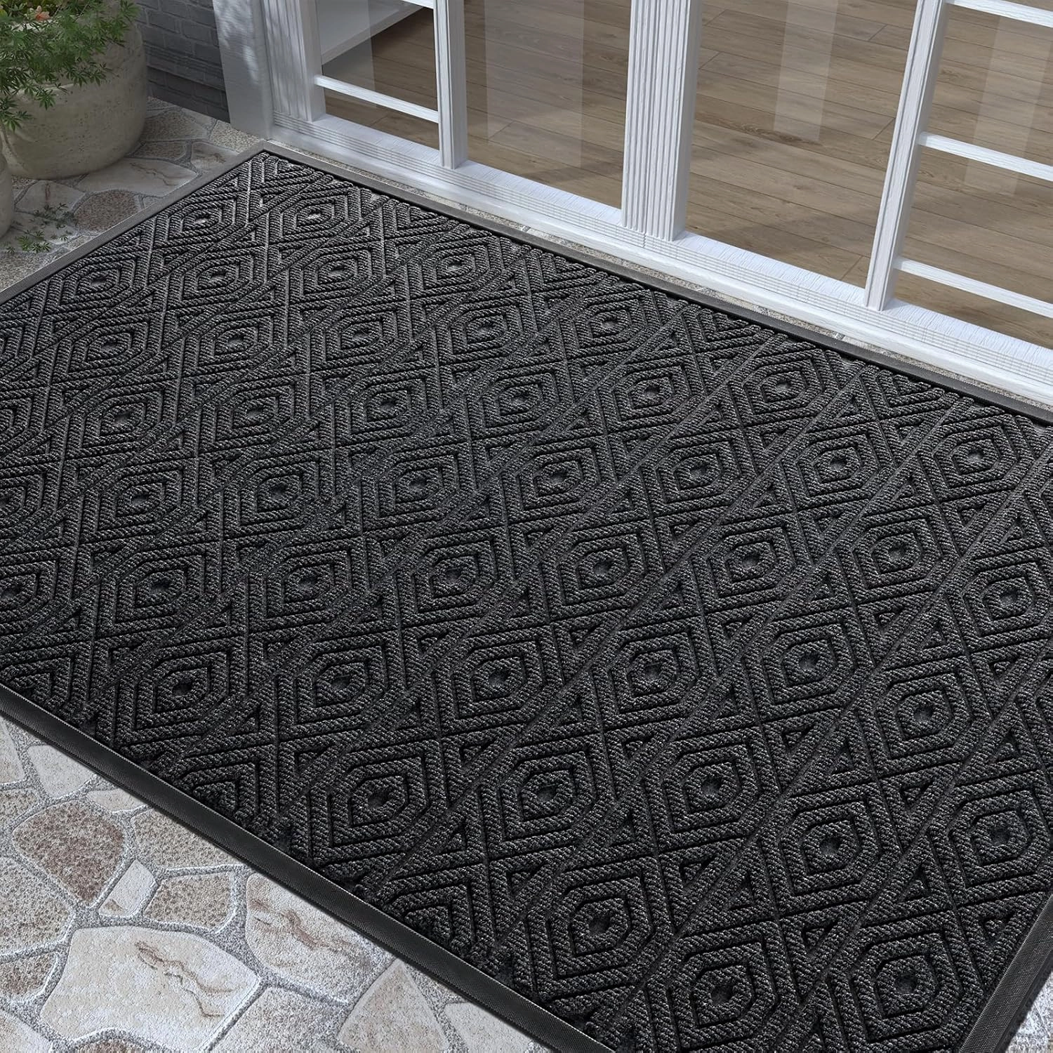 Yimobra Door Mat, Outdoor Indoor Entrance Welcome Mat, Heavy Entry Front Door Mat, Stain & Fade Resistant, Low Profile, Sturdy Rubber, Easy Clean Patio Floor Mat, Waterproof, 60 x 36,Black