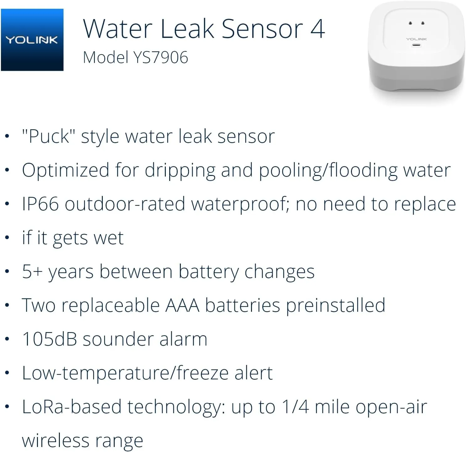 YoLink Water Leak Detector 4 with 105dB Audio Alarm, Freeze Warning, App Push, Email Alerts and Limited Text - Smart Water Sensor Alarm w/ Alexa, IFTTT - 1/4 Mile Long Range, Hub Required
