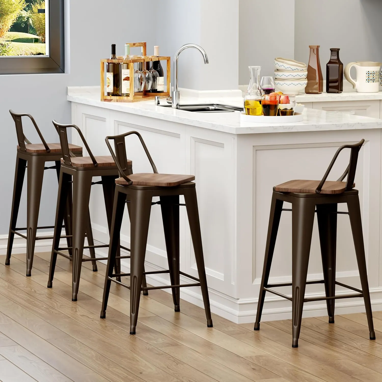Yongchuang 24" Swivel Bar Stools Set of 4 Counter Height Stools with Backs Wood Seat Industrial Low Back Metal Barstools Bar Chairs Gunmetal