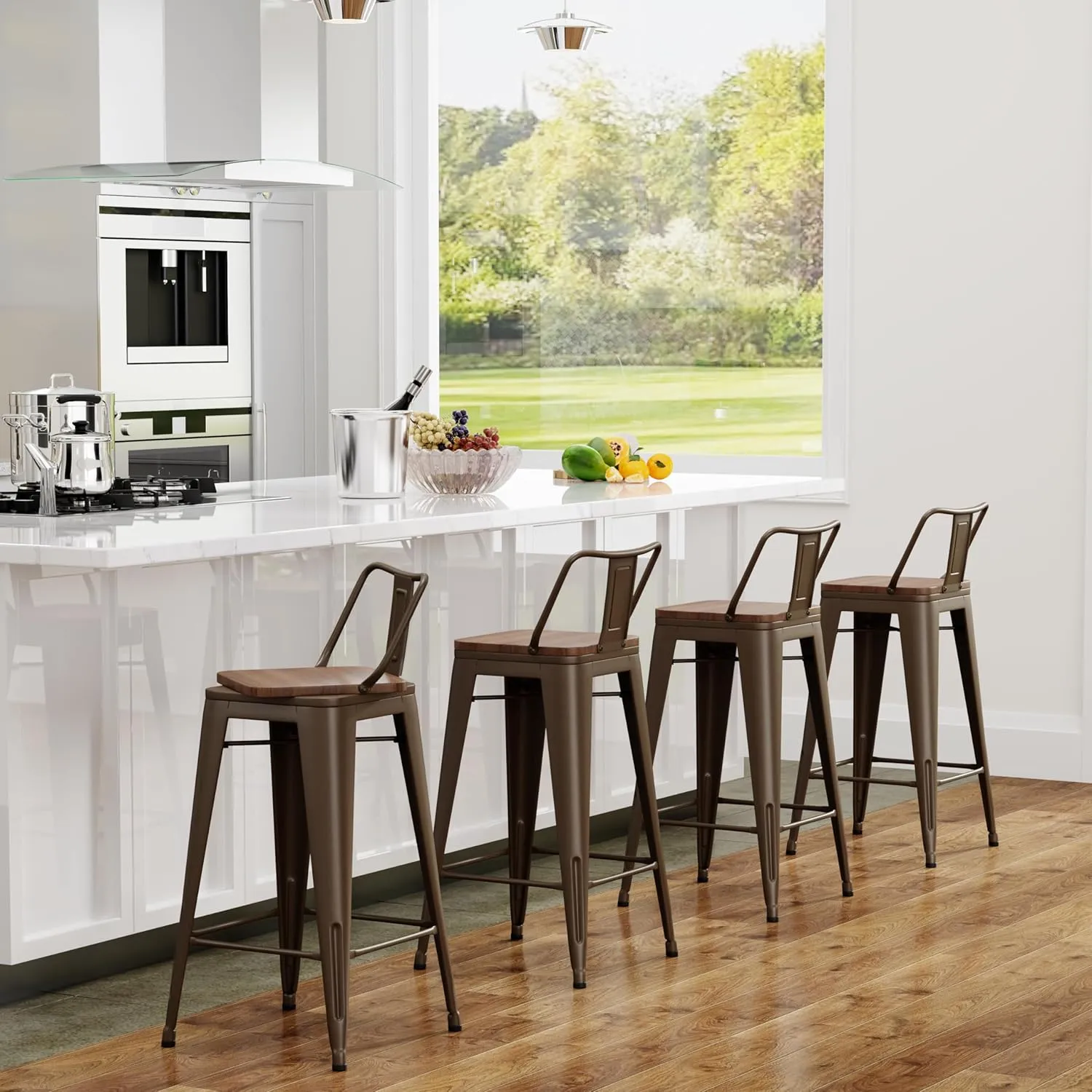 Yongchuang 24" Swivel Bar Stools Set of 4 Counter Height Stools with Backs Wood Seat Industrial Low Back Metal Barstools Bar Chairs Gunmetal