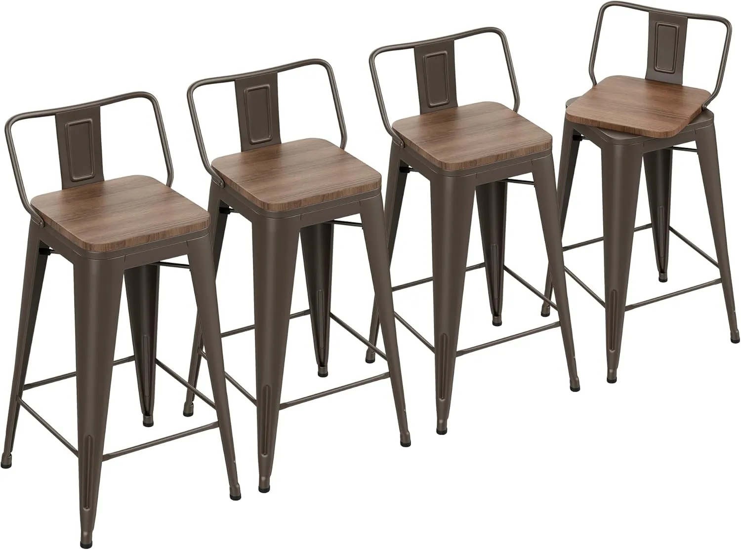 Yongchuang 24" Swivel Bar Stools Set of 4 Counter Height Stools with Backs Wood Seat Industrial Low Back Metal Barstools Bar Chairs Gunmetal