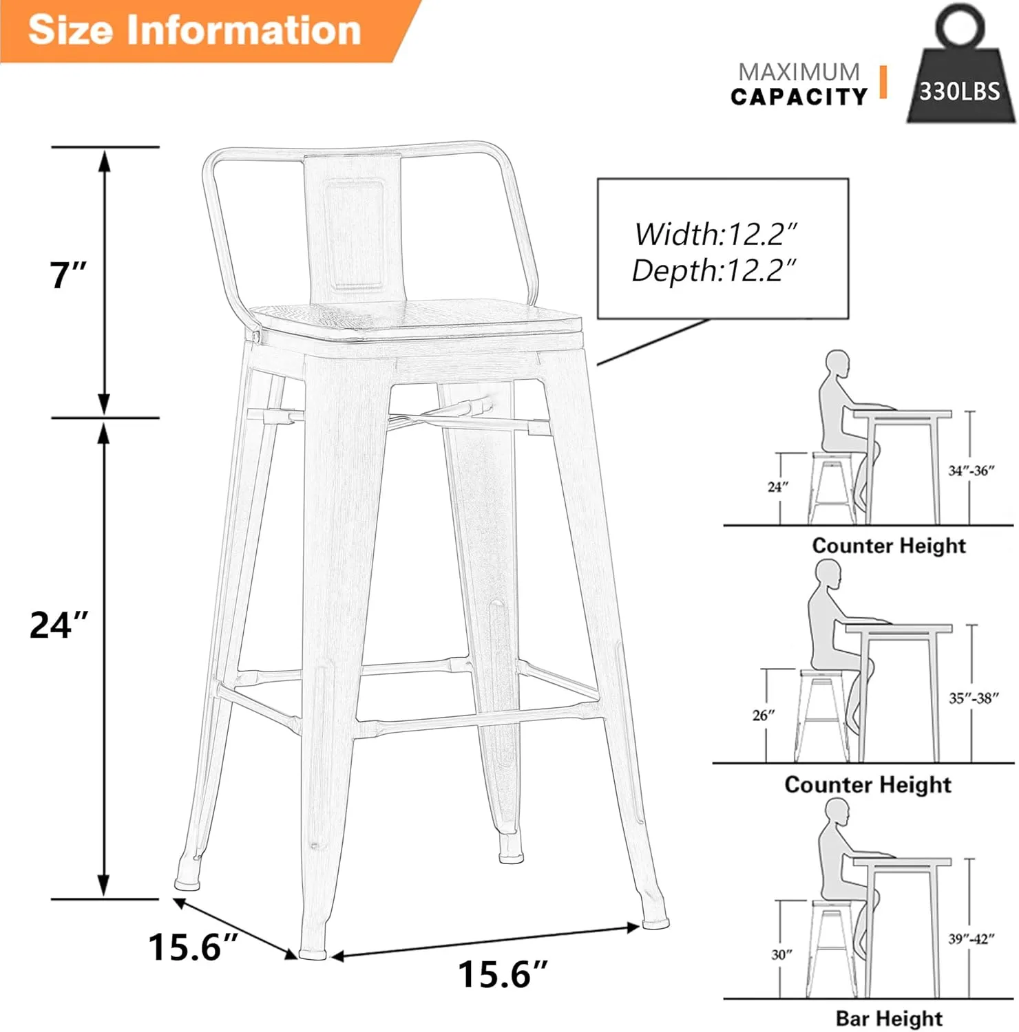 Yongchuang 24" Swivel Bar Stools Set of 4 Counter Height Stools with Backs Wood Seat Industrial Low Back Metal Barstools Bar Chairs Gunmetal
