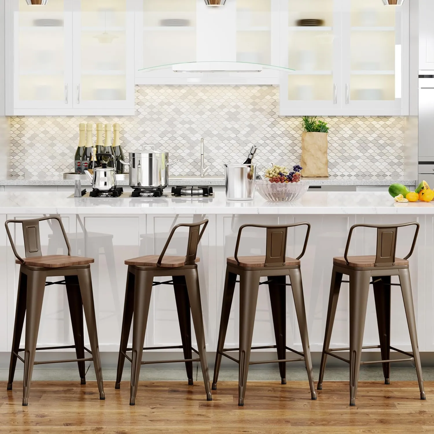 Yongchuang 24" Swivel Bar Stools Set of 4 Counter Height Stools with Backs Wood Seat Industrial Low Back Metal Barstools Bar Chairs Gunmetal