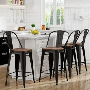 Yongqiang 26 inch Bar Stools Set of 4 High Back Metal Kitchen Counter Height Bar Chairs Barstools with Large Wooden Seat Industrial Matte Black