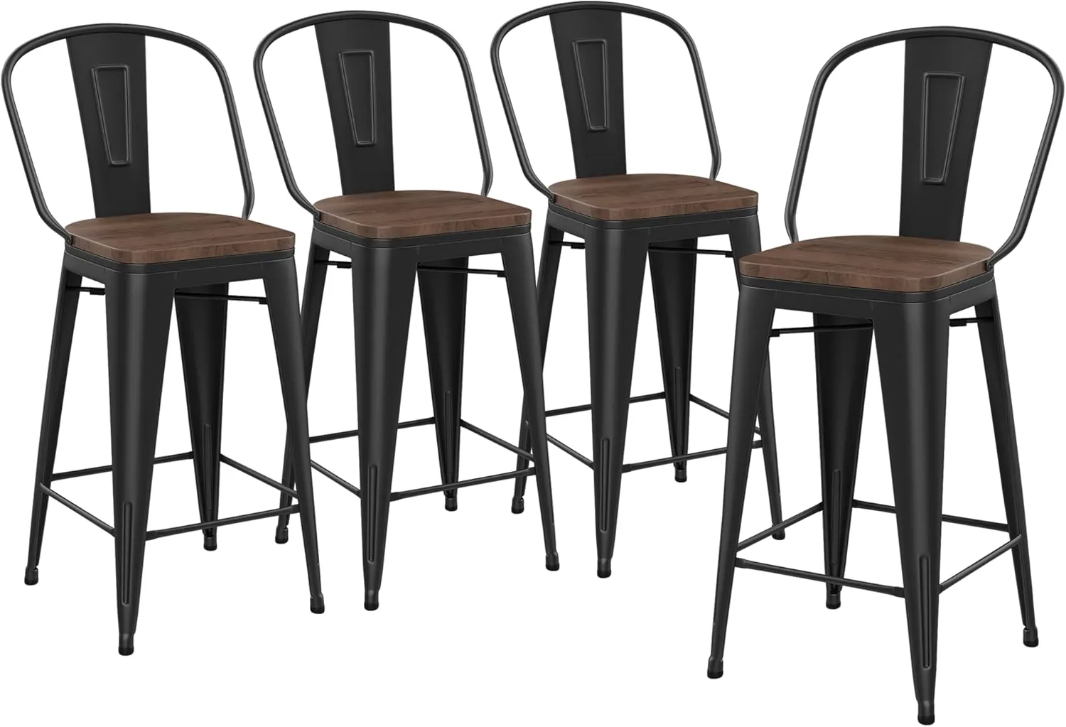 Yongqiang 26 inch Bar Stools Set of 4 High Back Metal Kitchen Counter Height Bar Chairs Barstools with Large Wooden Seat Industrial Matte Black
