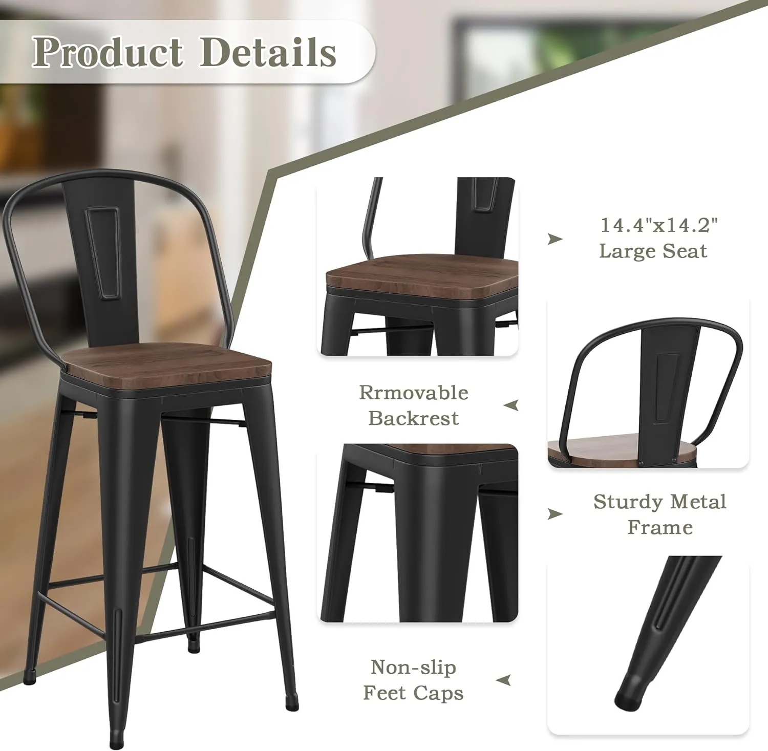 Yongqiang 26 inch Bar Stools Set of 4 High Back Metal Kitchen Counter Height Bar Chairs Barstools with Large Wooden Seat Industrial Matte Black