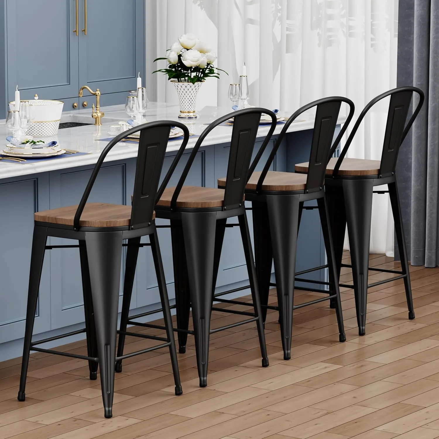 Yongqiang 26 inch Bar Stools Set of 4 High Back Metal Kitchen Counter Height Bar Chairs Barstools with Large Wooden Seat Industrial Matte Black