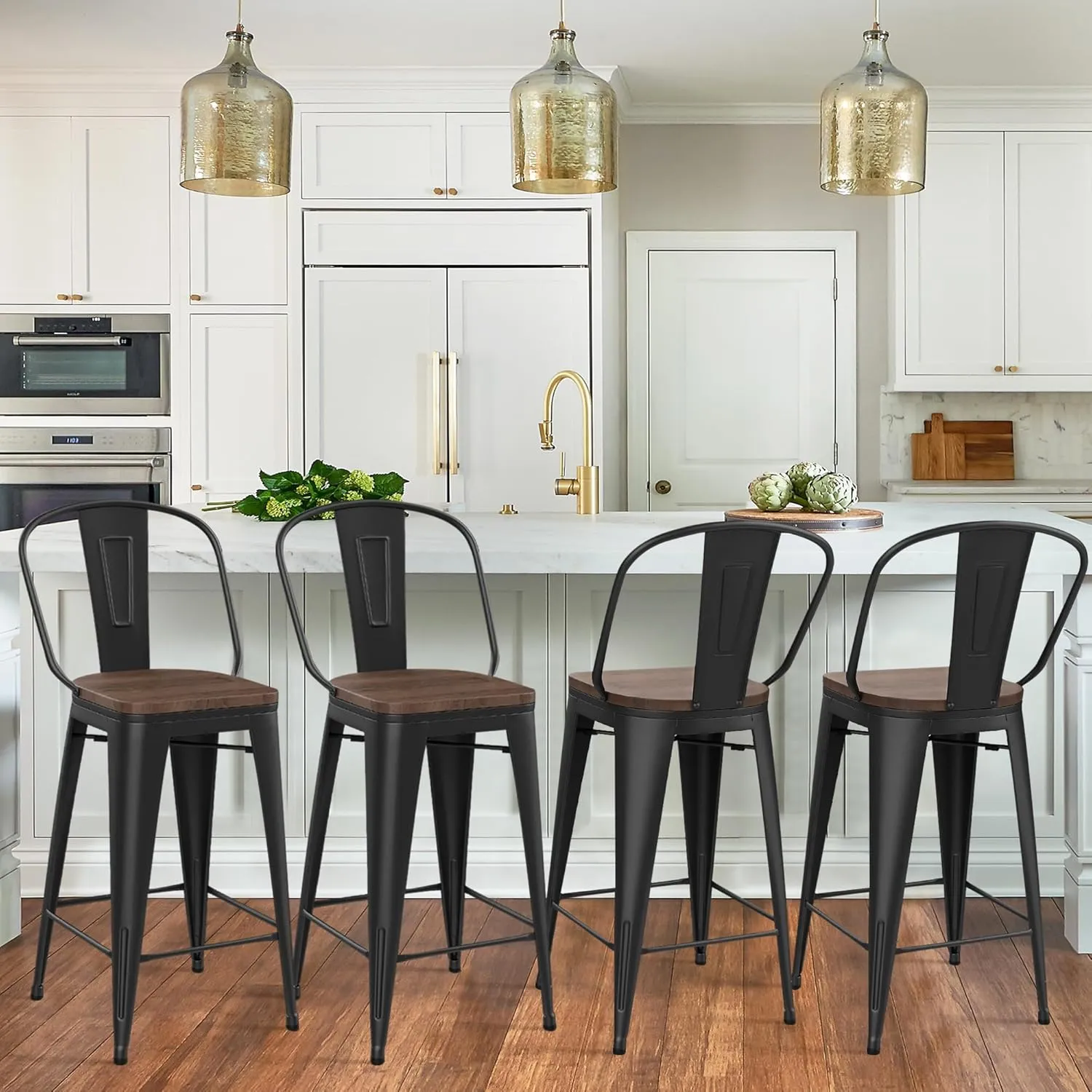 Yongqiang 26 inch Bar Stools Set of 4 High Back Metal Kitchen Counter Height Bar Chairs Barstools with Large Wooden Seat Industrial Matte Black