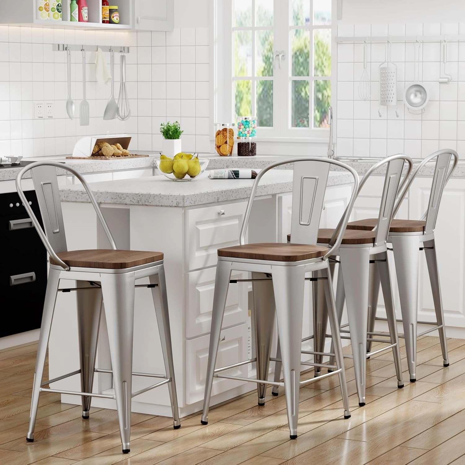 Yongqiang 26 inch Bar Stools Set of 4 Kitchen Counter Height Bar Chairs High Back Silver Metal Barstools with Large Wooden Seat