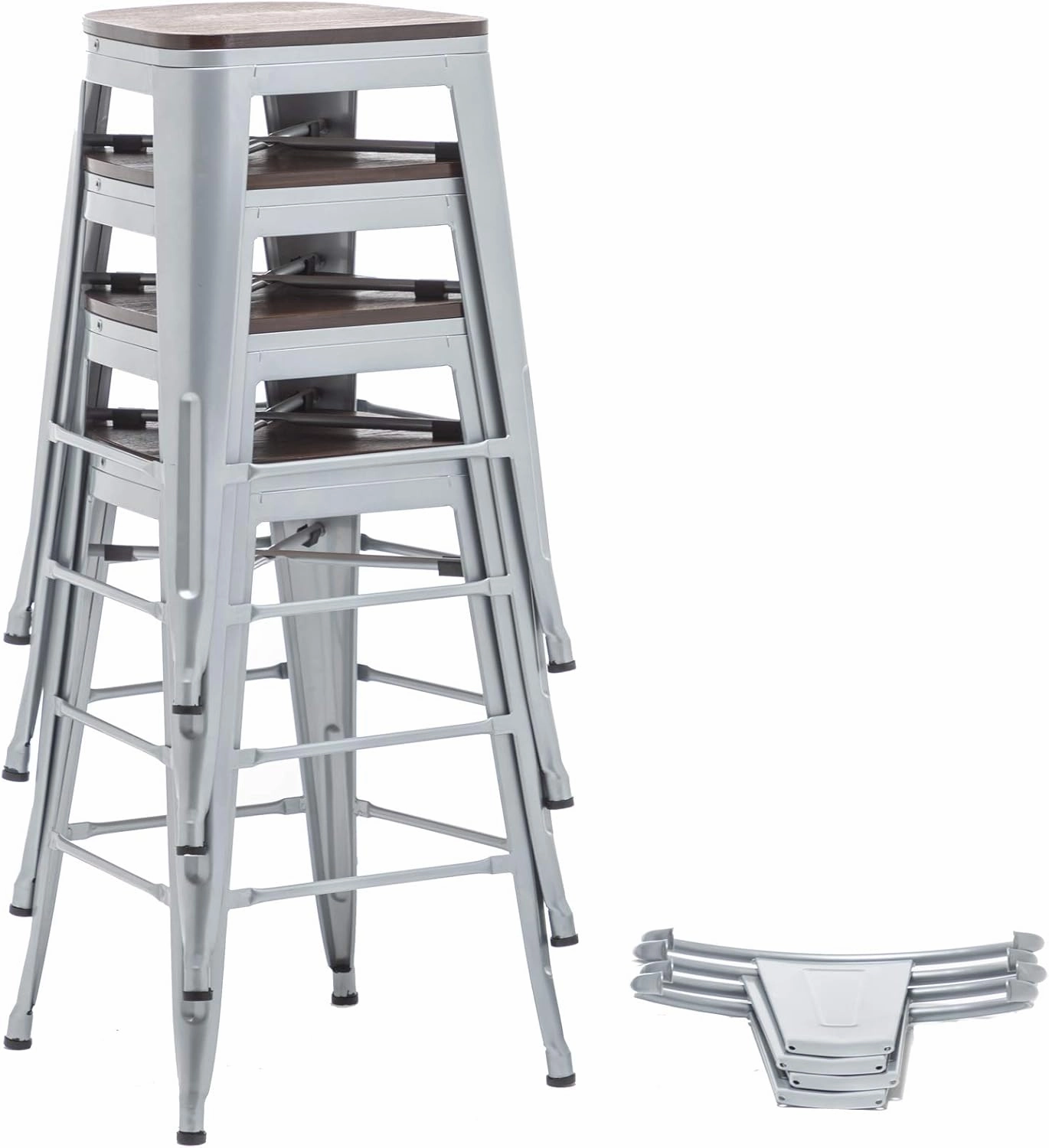 Yongqiang 26 inch Bar Stools Set of 4 Kitchen Counter Height Bar Chairs High Back Silver Metal Barstools with Large Wooden Seat