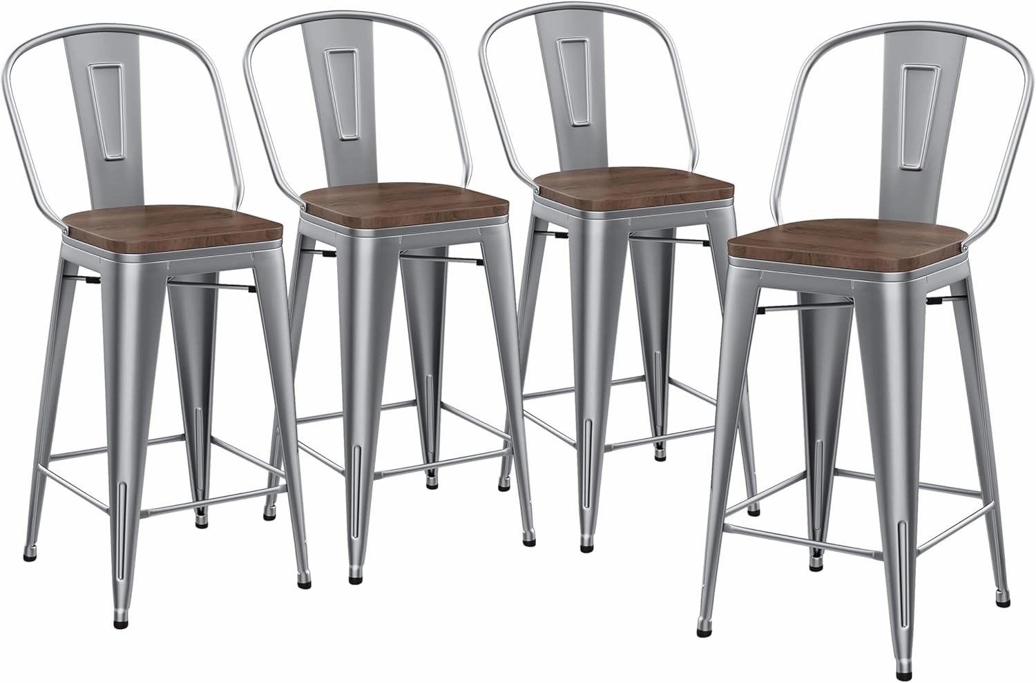Yongqiang 26 inch Bar Stools Set of 4 Kitchen Counter Height Bar Chairs High Back Silver Metal Barstools with Large Wooden Seat