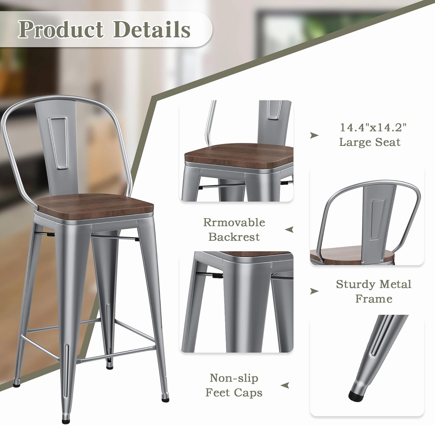 Yongqiang 26 inch Bar Stools Set of 4 Kitchen Counter Height Bar Chairs High Back Silver Metal Barstools with Large Wooden Seat