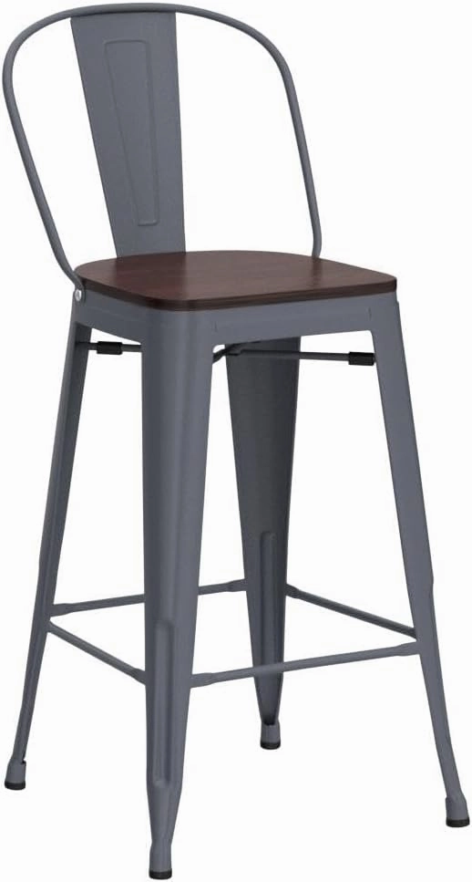 Yongqiang 26 inch Bar Stools Set of 4 Kitchen Counter Height Bar Chairs High Back Silver Metal Barstools with Large Wooden Seat
