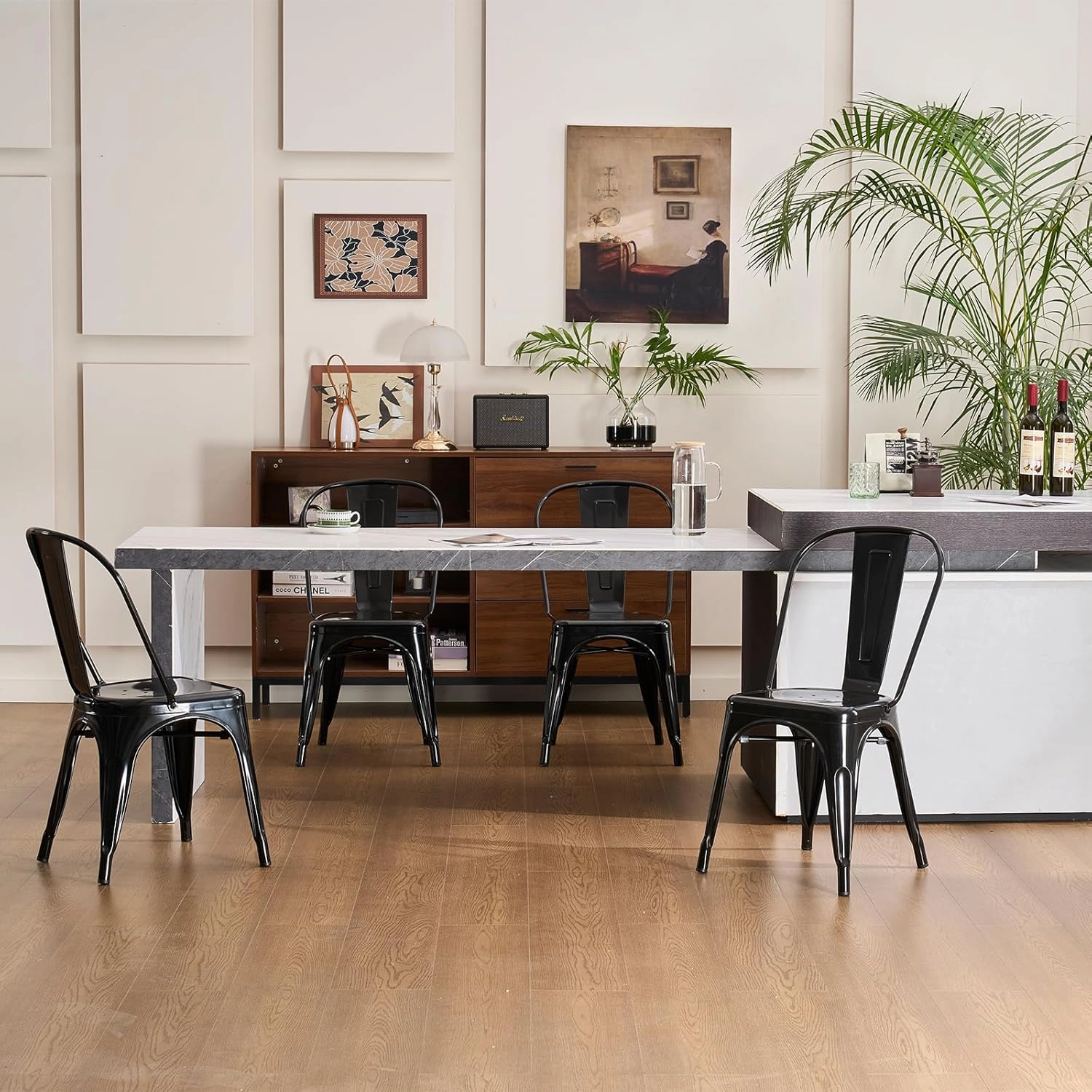 YOUNIKE Metal Dining Chairs Set of 4 with Removable Back Cafe Side Chairs with Rubber Feet Stylish and Modern Chairs for Kitchen Dining Rooms and Side Bar, Obsidian Black