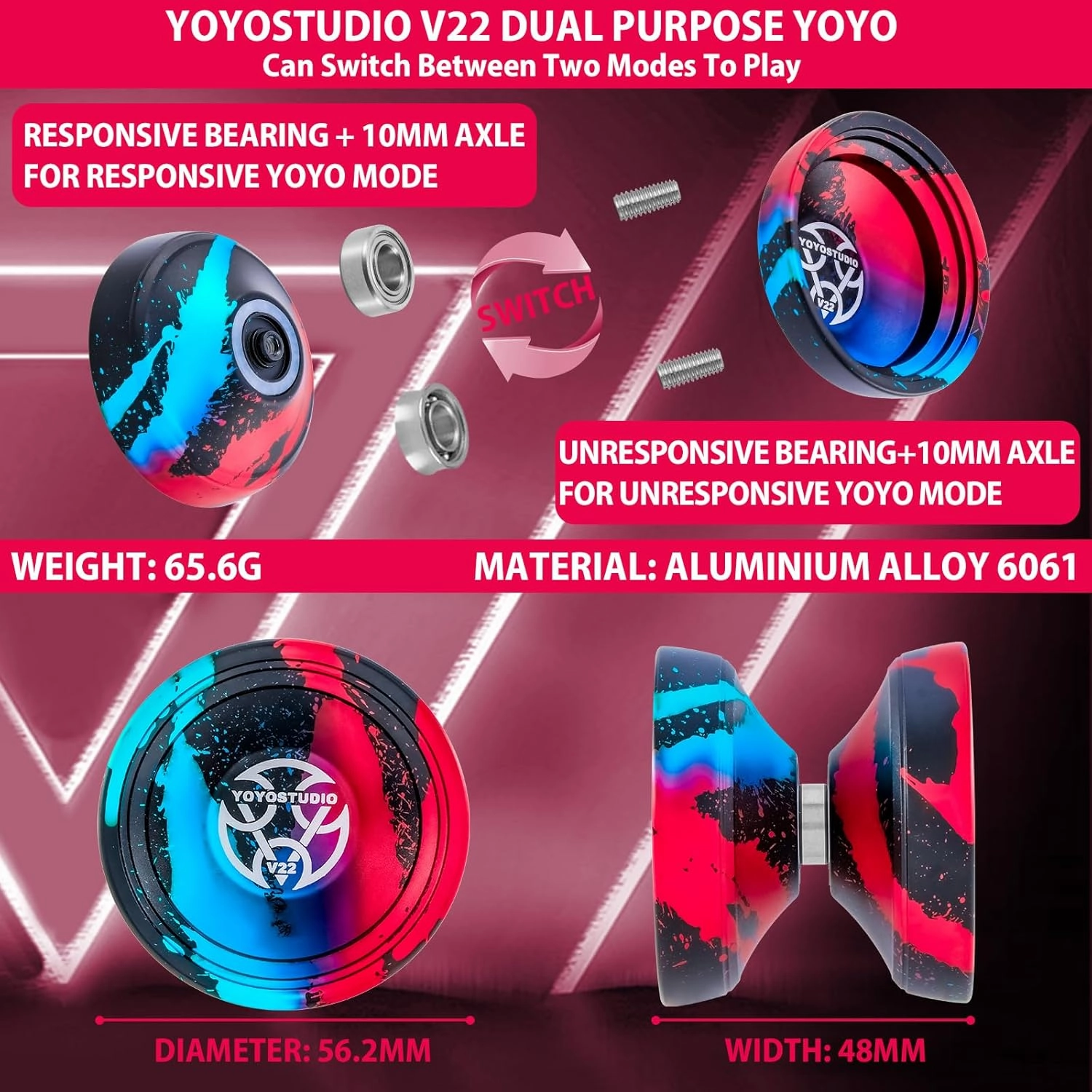 Yoyo V22 - Trick Yoyos Professional Responsive Yoyo for Kids 8-12 Unresponsive Yo Yo for Adults, Professional Yoyos with Accessory Kit, 10 Yo-Yo Strings, Case & Glove - Black Blue Red