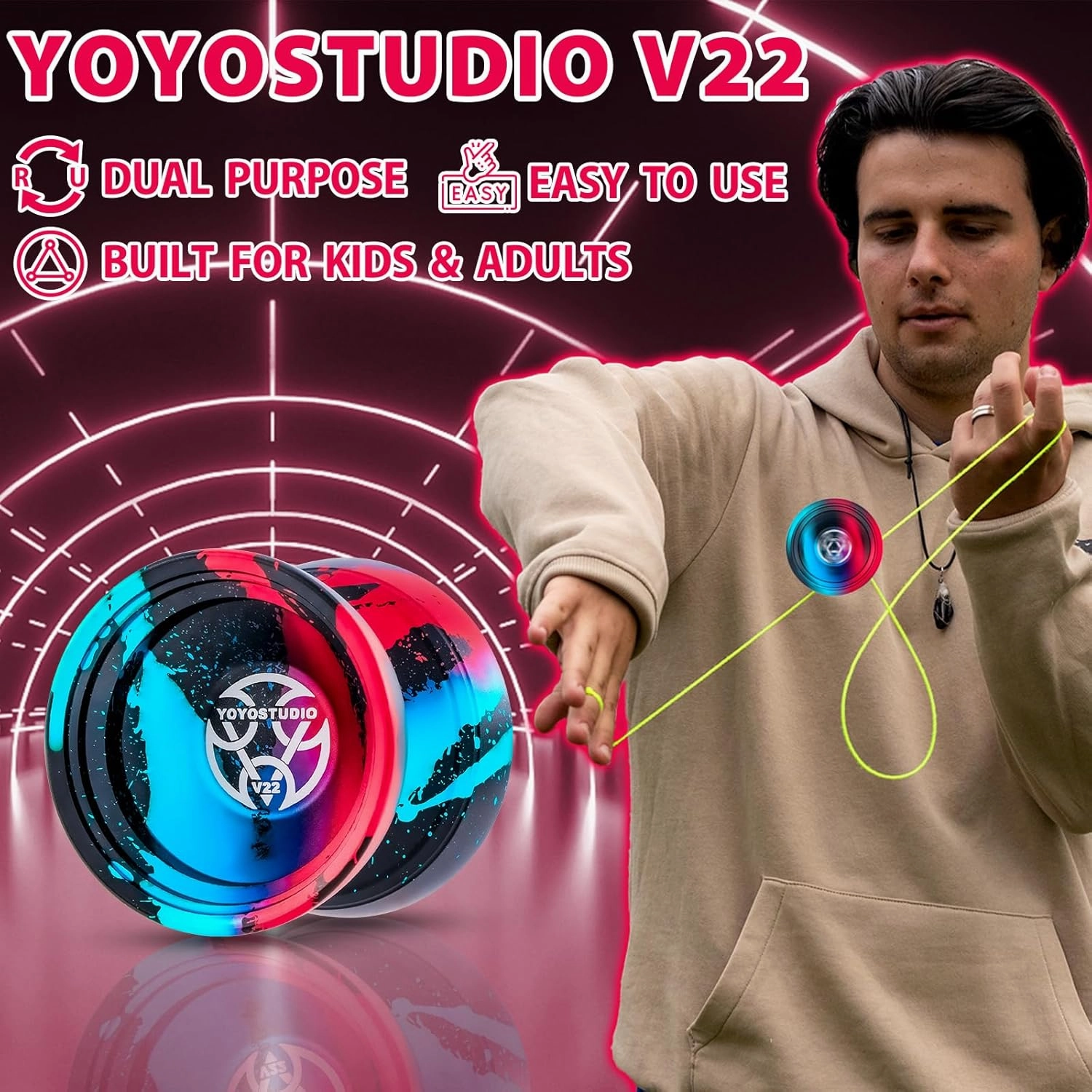 Yoyo V22 - Trick Yoyos Professional Responsive Yoyo for Kids 8-12 Unresponsive Yo Yo for Adults, Professional Yoyos with Accessory Kit, 10 Yo-Yo Strings, Case & Glove - Black Blue Red