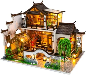 Yuzhen DIY Miniature Dollhouse with Furniture and LED Lights, Large Ancient Style Wooden Dollhouse Includes Dustcover and Music Movement, Exquisite Home Decor